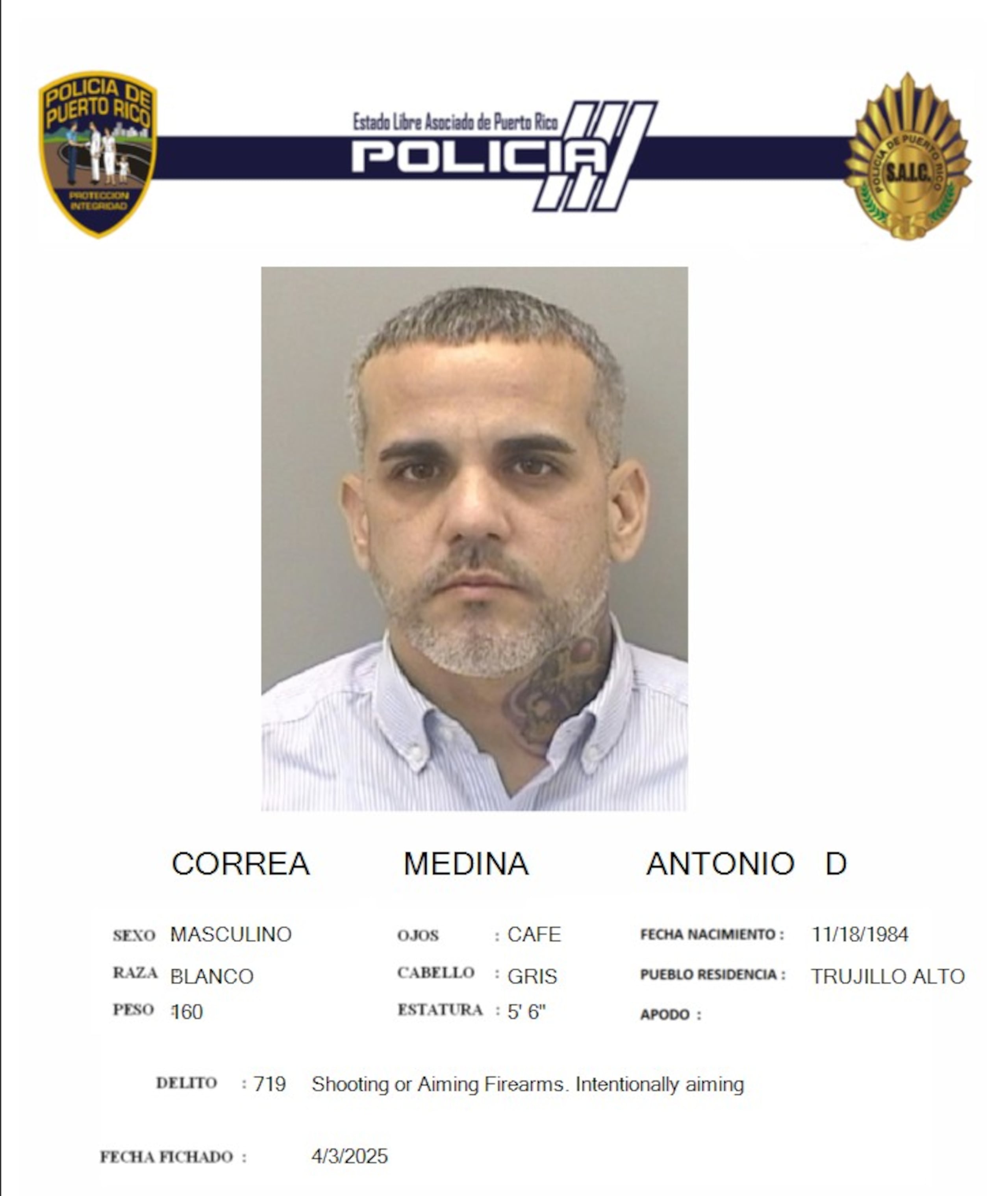 Antonio D. Correa Medina, enfrenta cargos por amenaza y violación a la Ley de Armas.