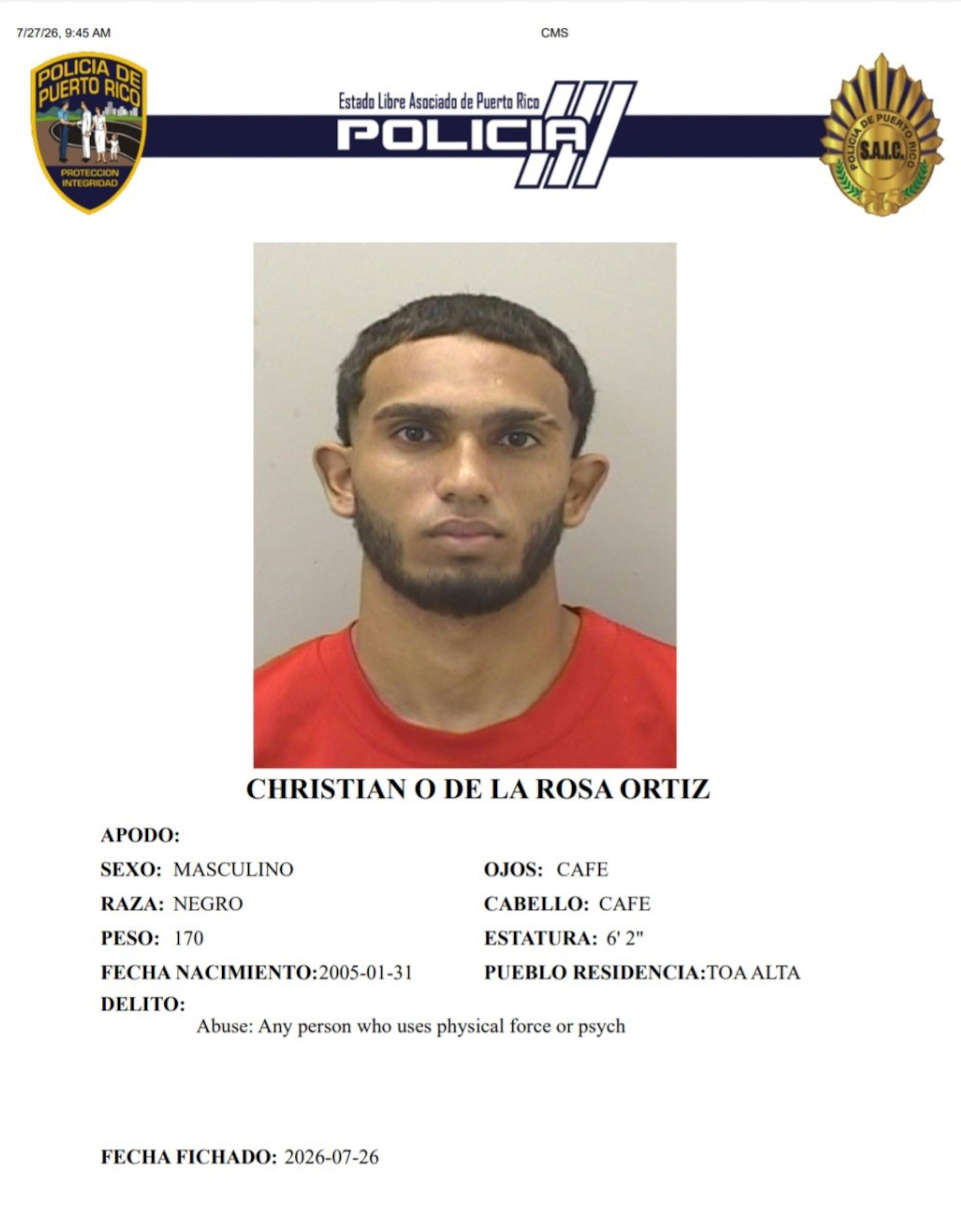 Christian O. De La Rosa Ortiz, enfrenta un cargo por maltrato por violencia doméstica contra su expareja.