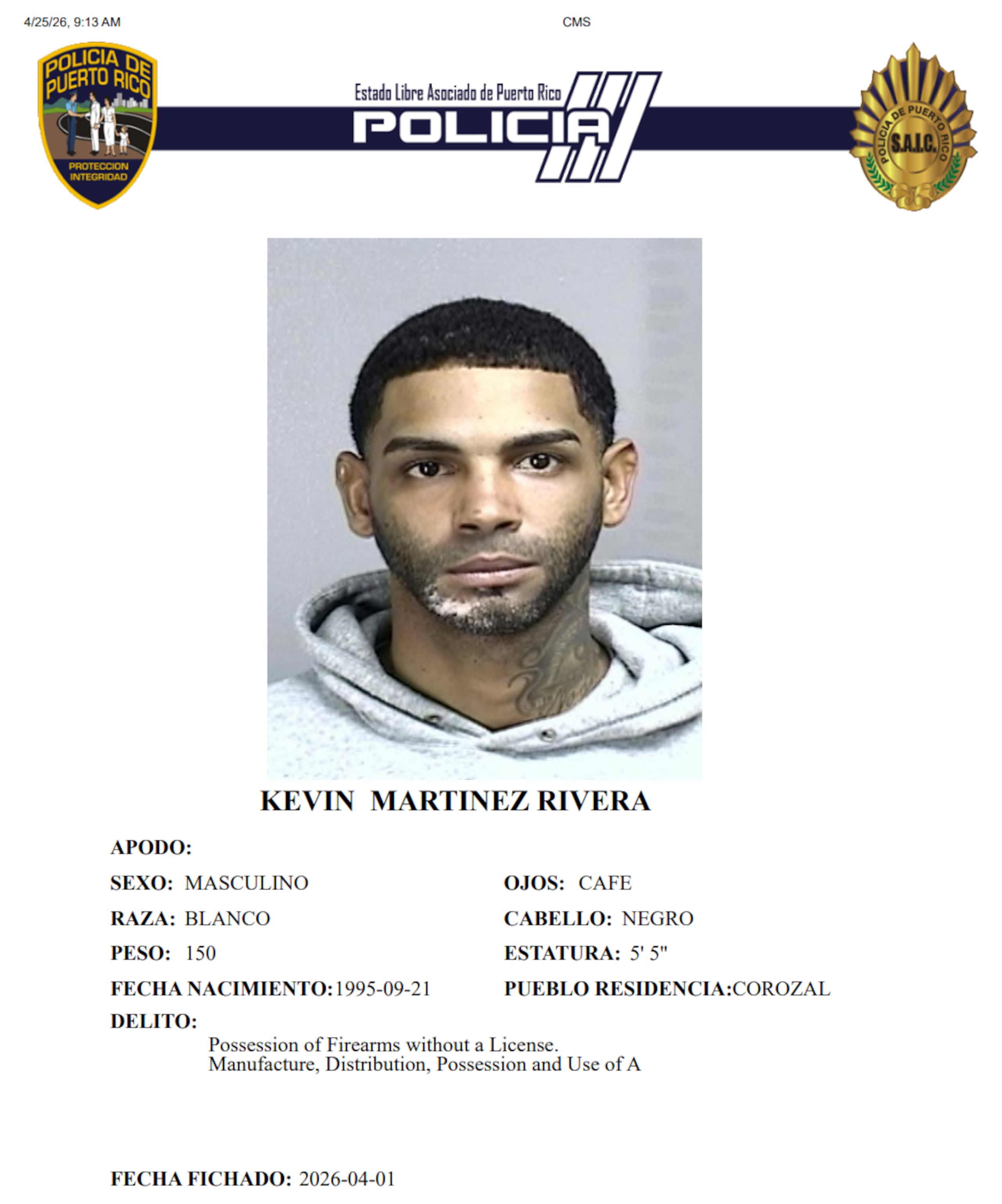 Ficha policiaca de Kevin Martínez Rivera, de 29 años.