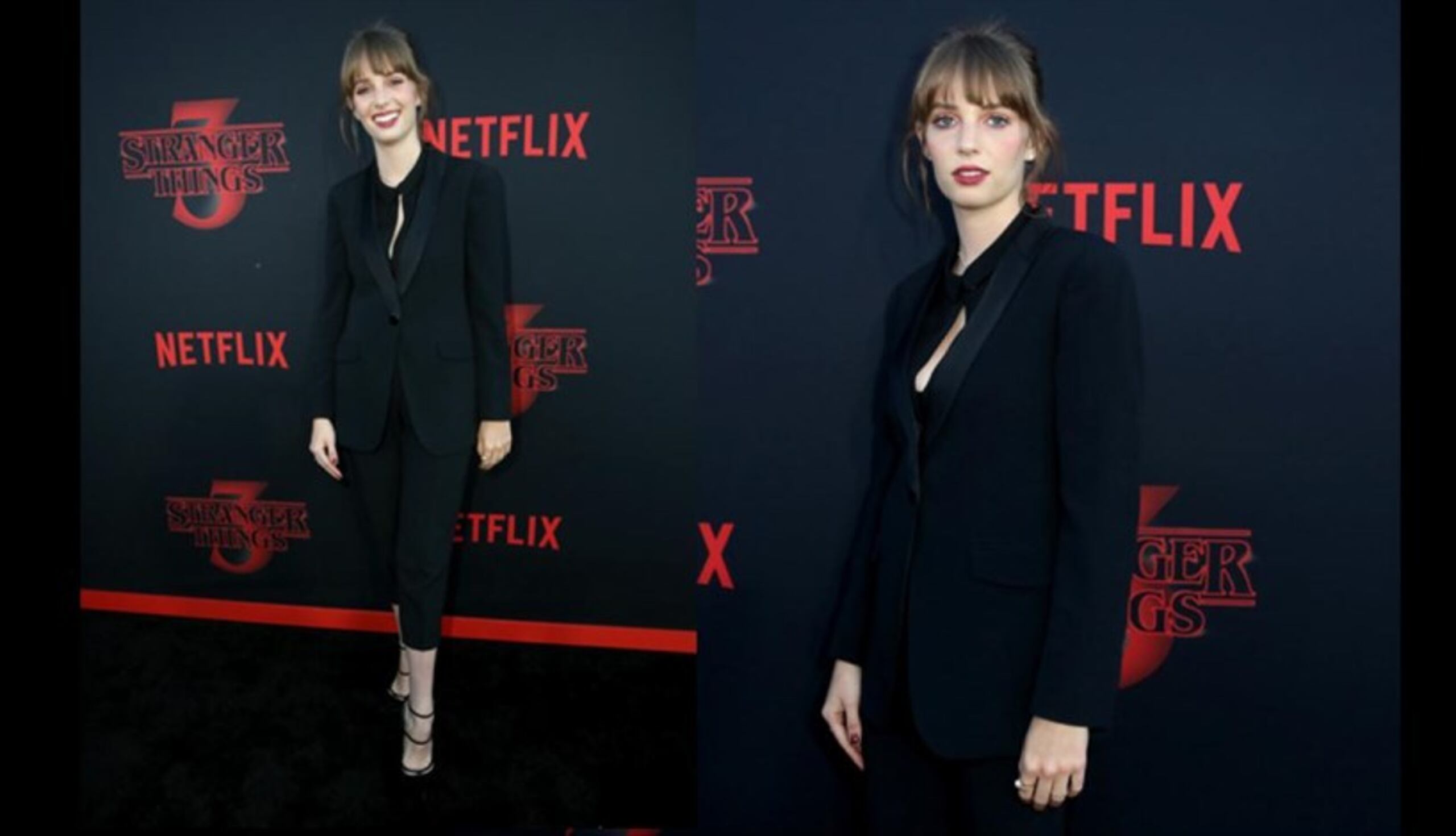 Para la premiere de la tercera temporada de Stranger Things, Maya Hawke optó una vez más por llevar traje, esta vez en clave monocromática. (AP)