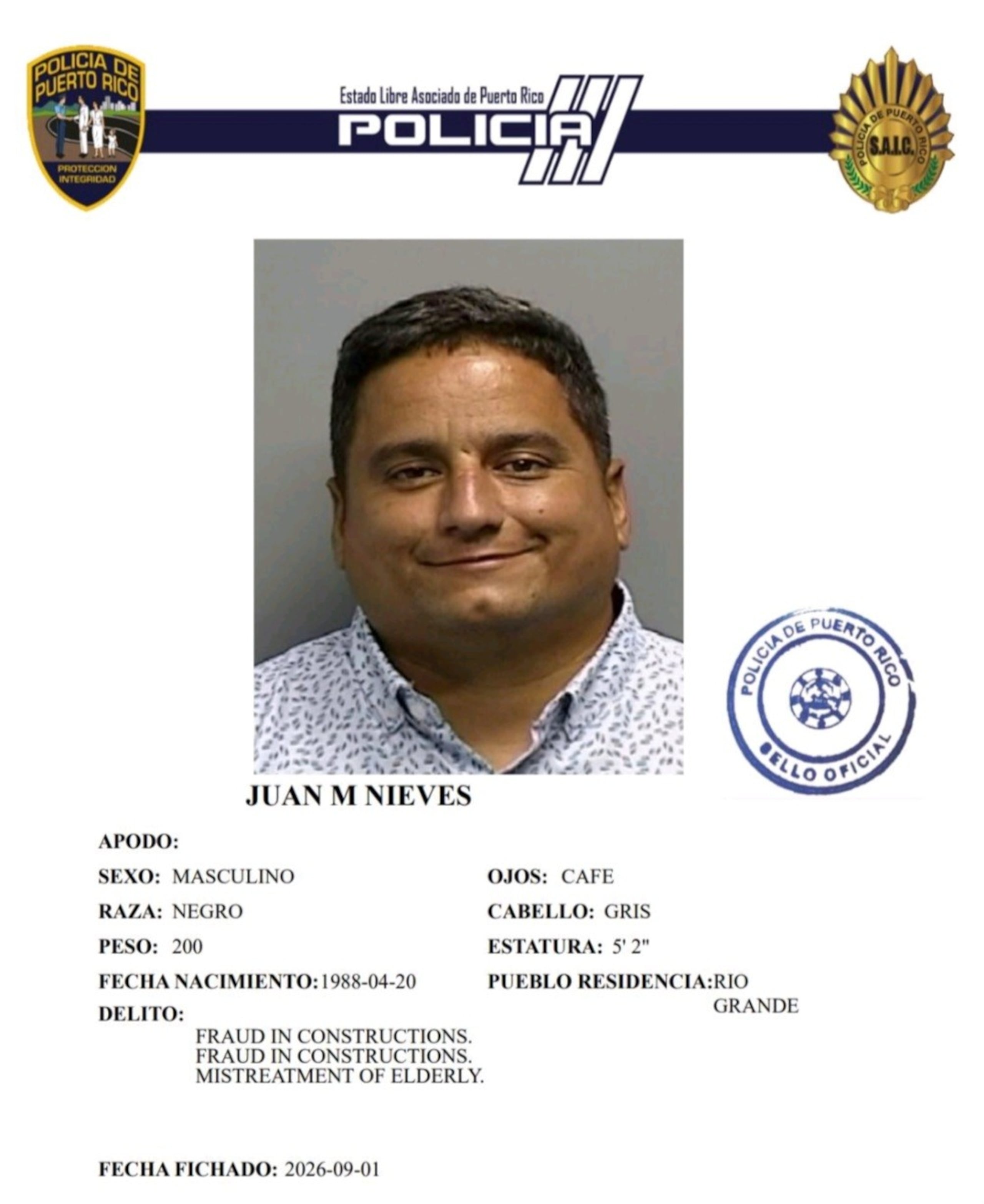 Juan M. Nieves, enfrenta cargos por fraude en la construcción y maltrato a personas de edad avanzada.
