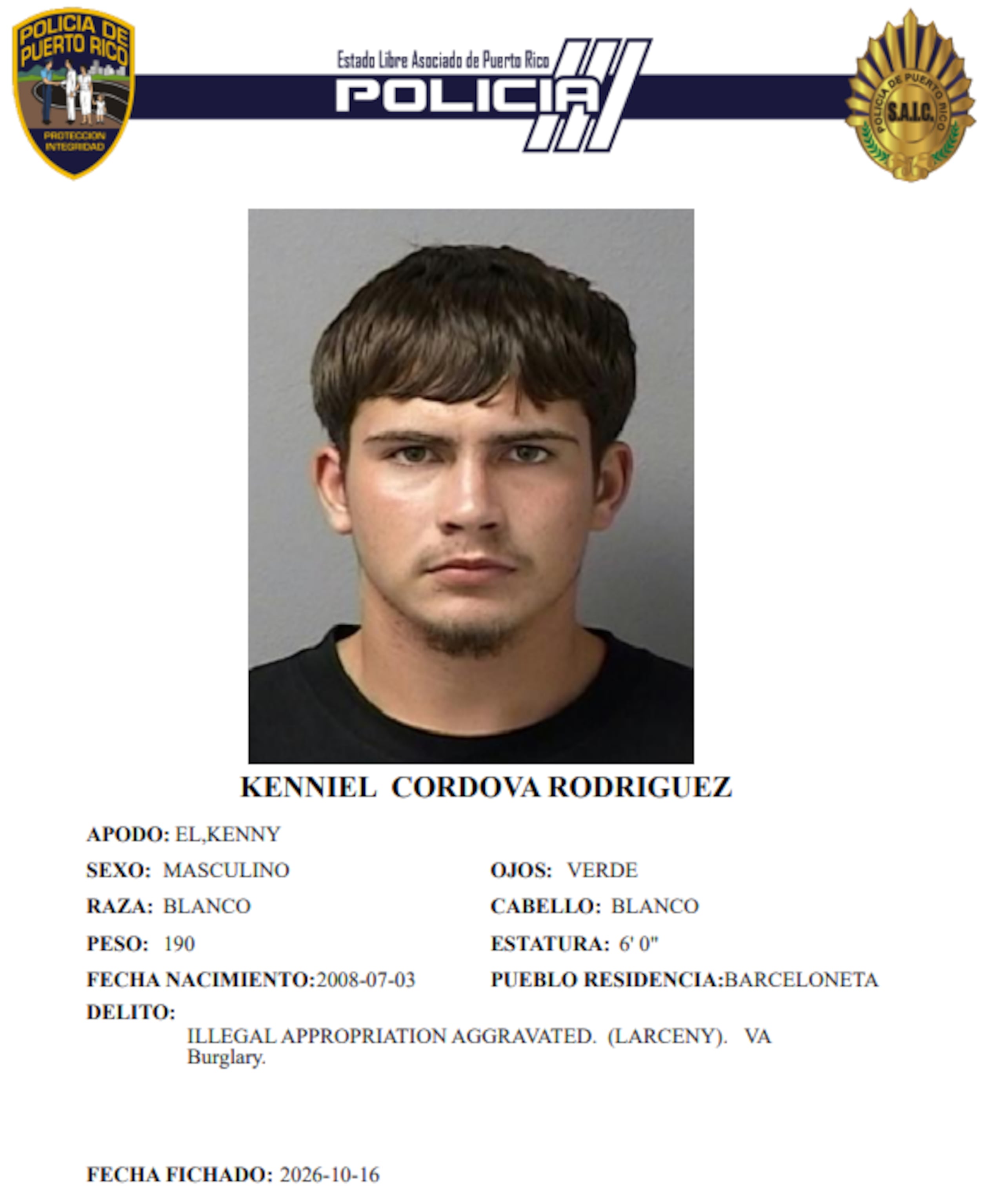 Ficha policíaca de Kenniel Córdova Rodríguez, de 18 años.