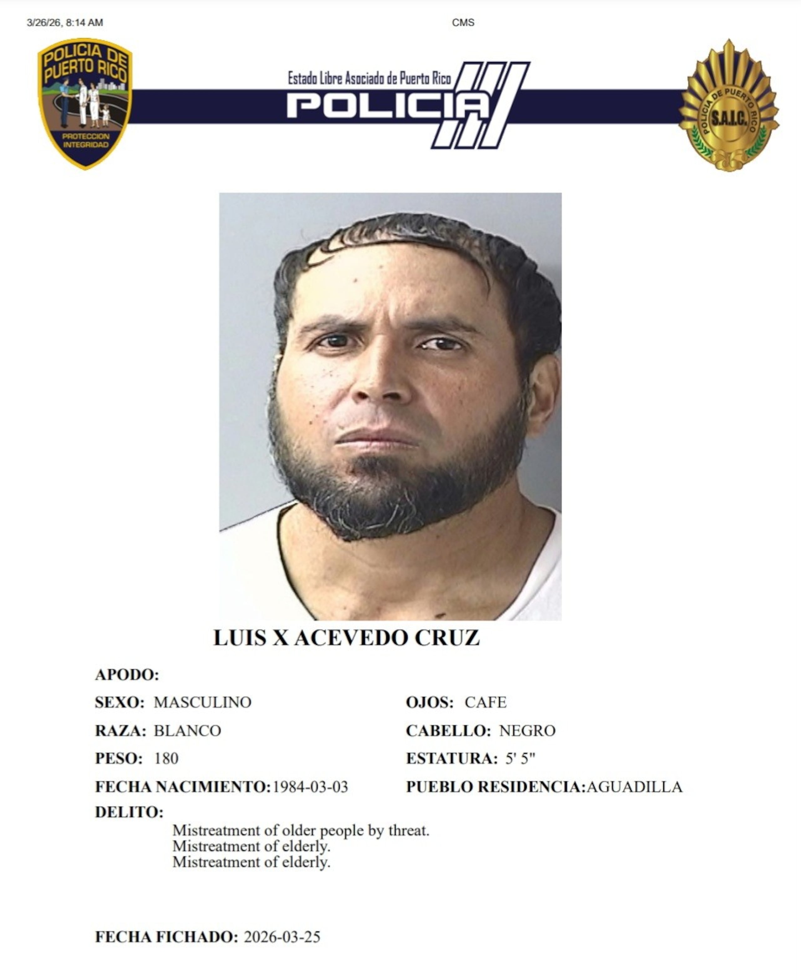 Luis X. Acevedo Cruz, enfrenta cargos por maltrato y amenaza a una persona de edad avanzada.