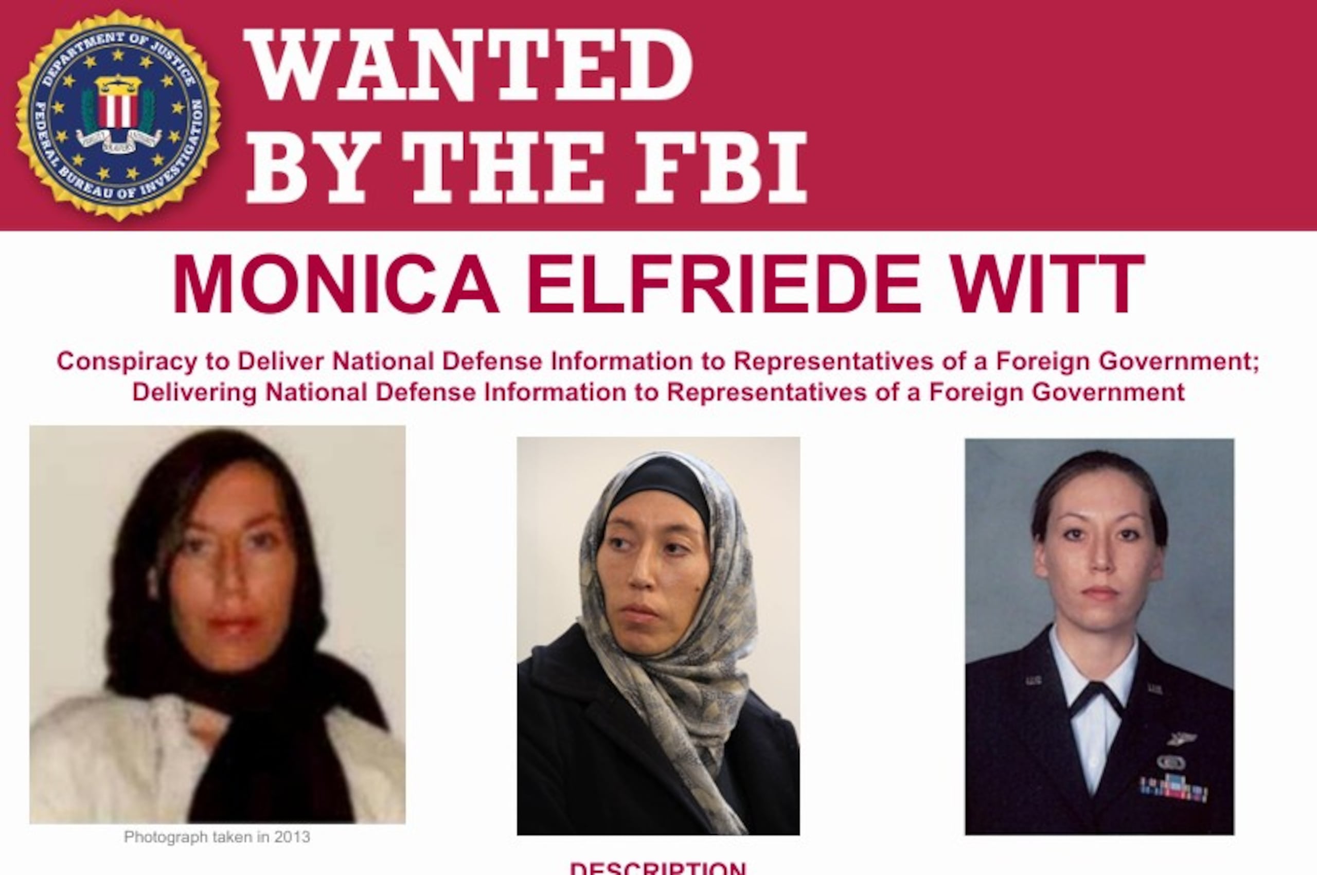 El FBI ofreció una recompensa ascendente a $200 mil por información que conduzca a la captura de Monica Elfriede Witt.