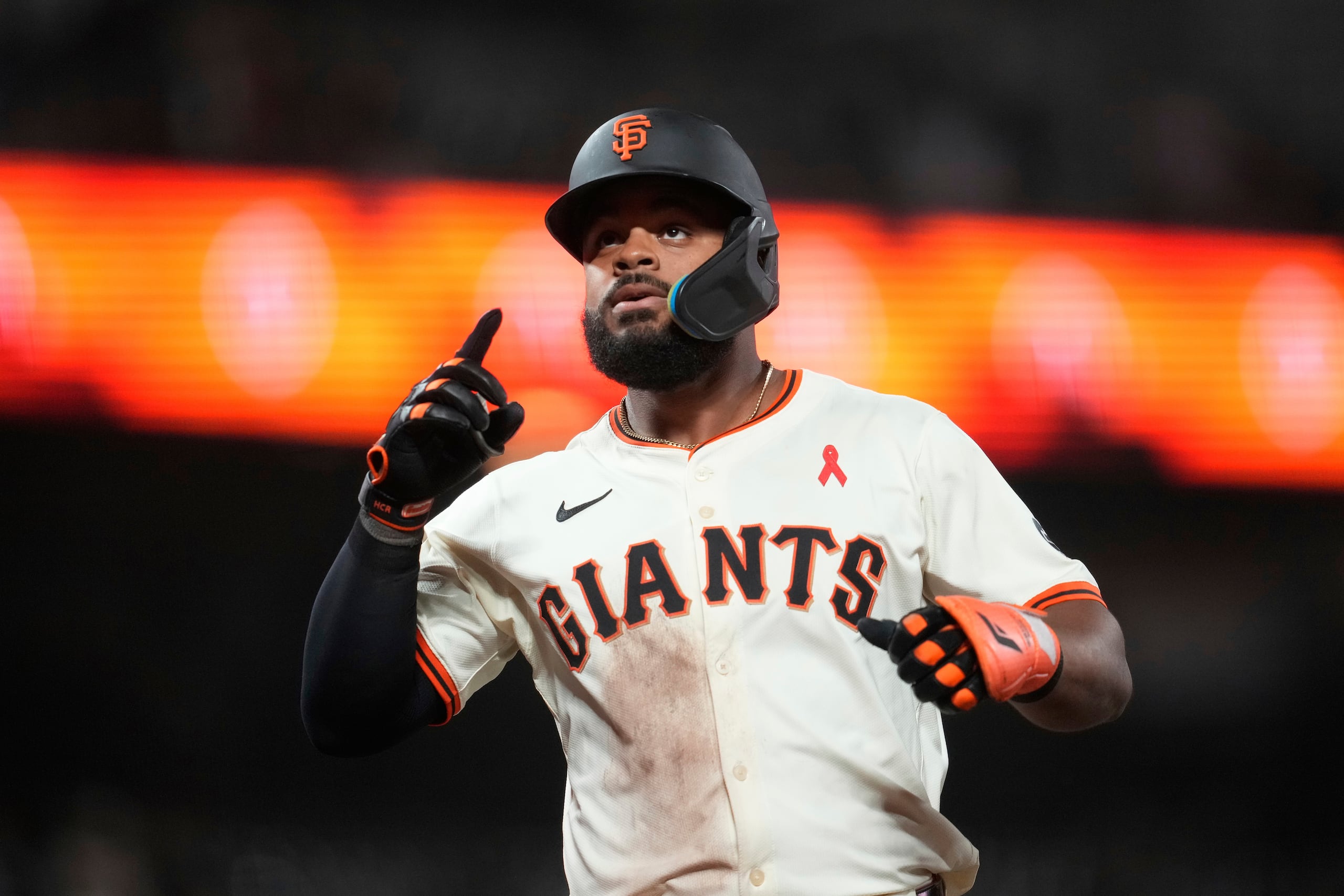 Heliot Ramos tras conectar un cuadrangular.