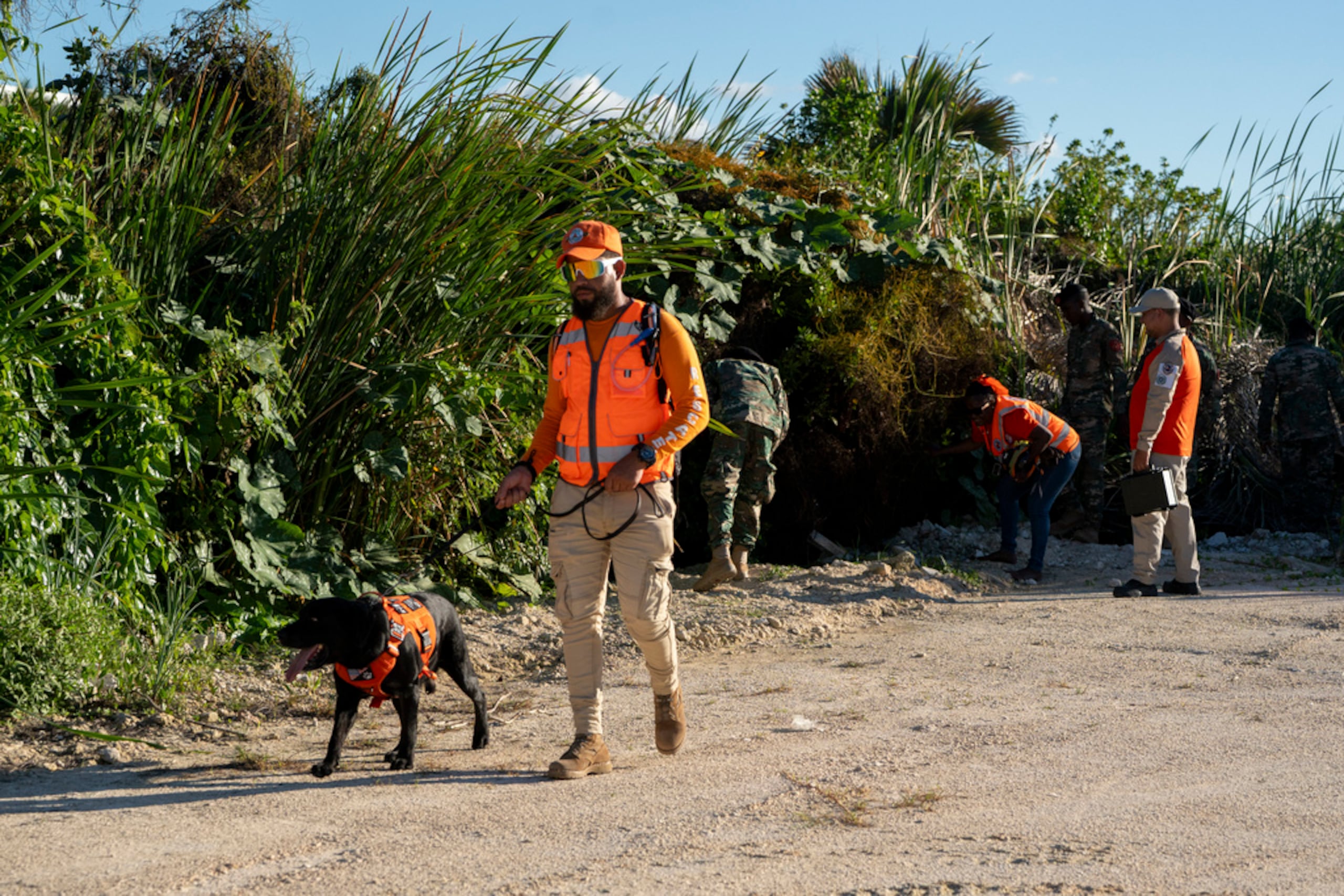 Un miembro de la unidad canina de defensa civil busca a Sudiksha Konanki, una estudiante universitaria de Estados Unidos que desapareció en una playa de Punta Cana, República Dominicana, el 10 de marzo de 2025.