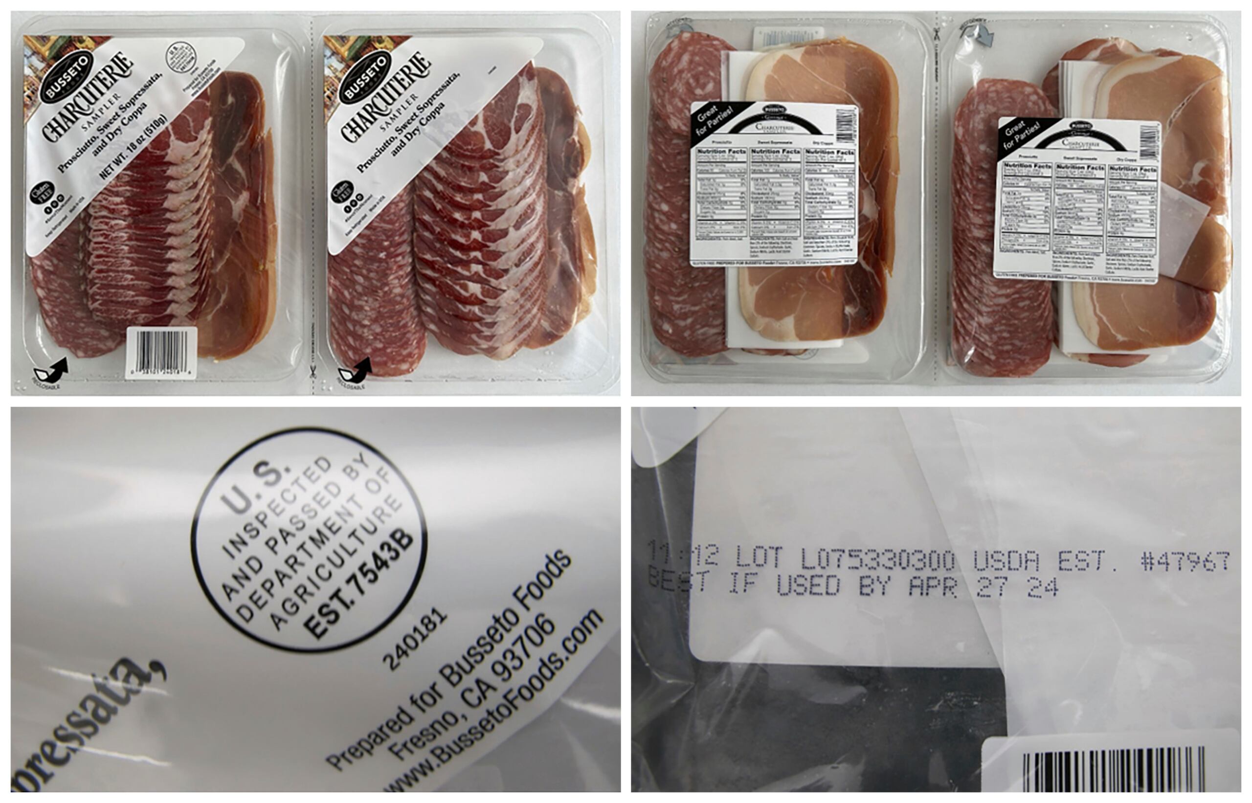 Esta combinación de fotos facilitada por los Centros para el Control y la Prevención de Enfermedades de Estados Unidos el 5 de enero de 2024 muestra diferentes vistas de una bandeja de charcutería de Busseto con prosciutto, sopressata dulce y coppa. (U.S. Centers for Disease Control and Prevention via AP, Archivo)