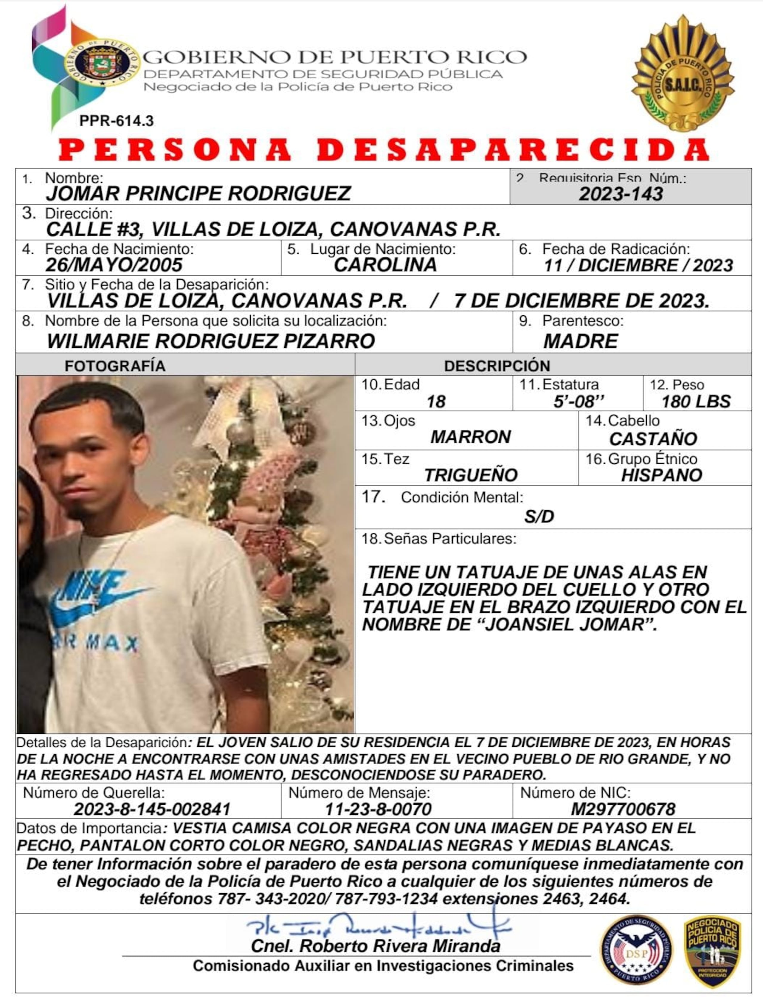 La osamenta de Jomar Príncipe Rodríguez, que salió de su residencia el 7 de diciembre de 2023 para encontrarse con unas amistades fue localizada en un terreno en Río Grande.