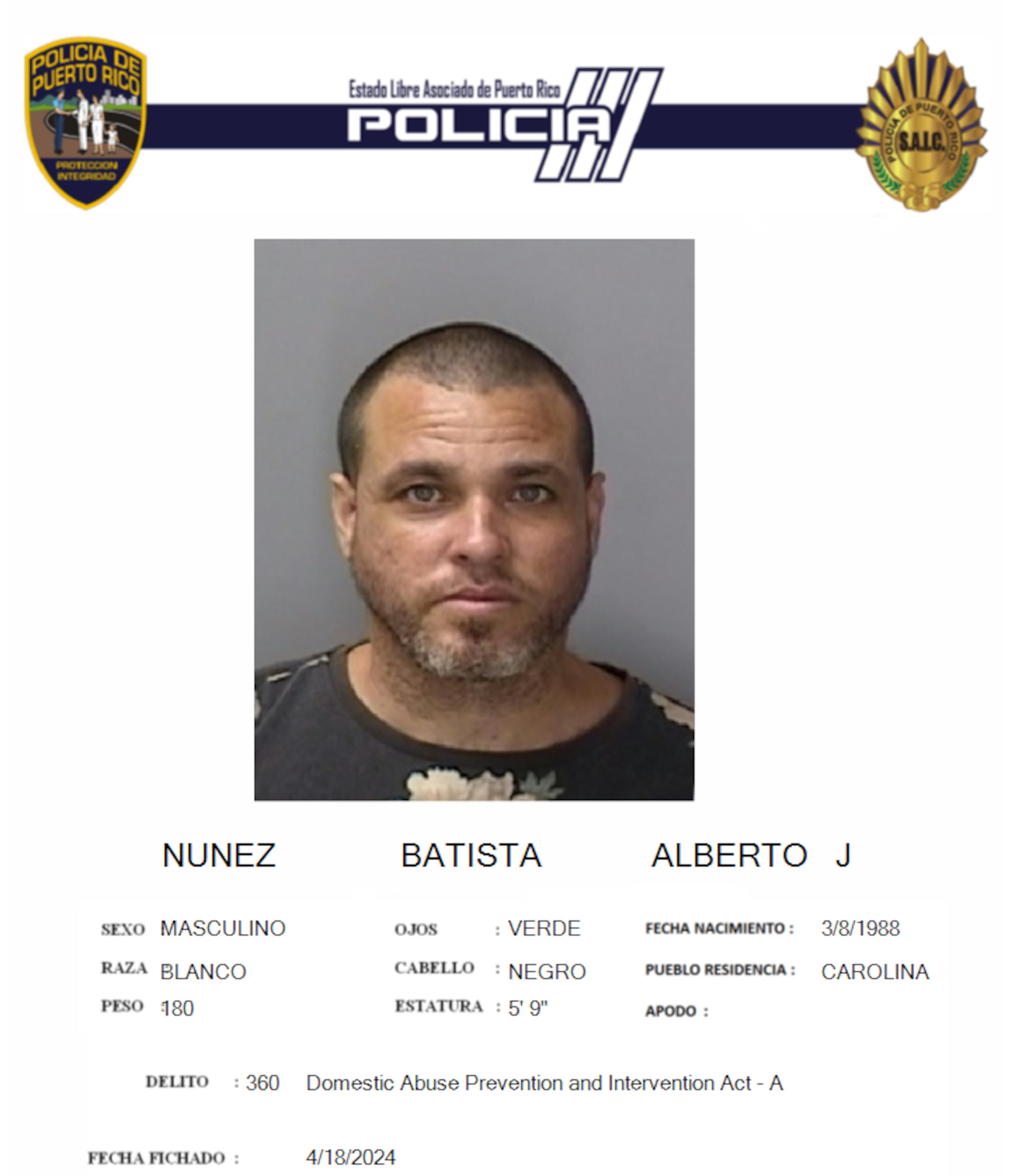 Alberto J. Batista Núñez enfrenta cargos por violencia de género.