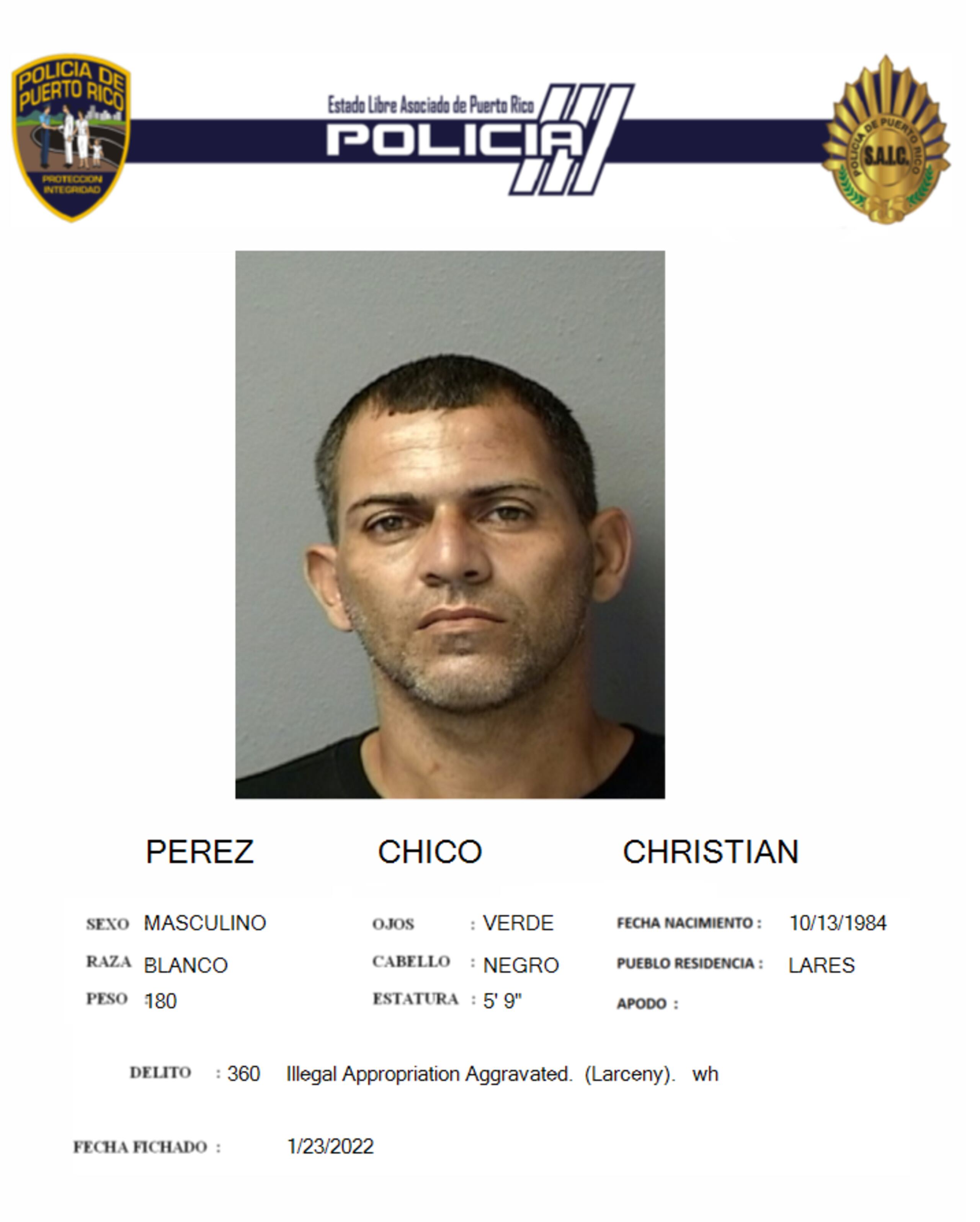 Christian Pérez Chico, de 38 años, contra quien pesaba una orden de arresto por el delito de apropiación ilegal de café de un supermercado en Lares.