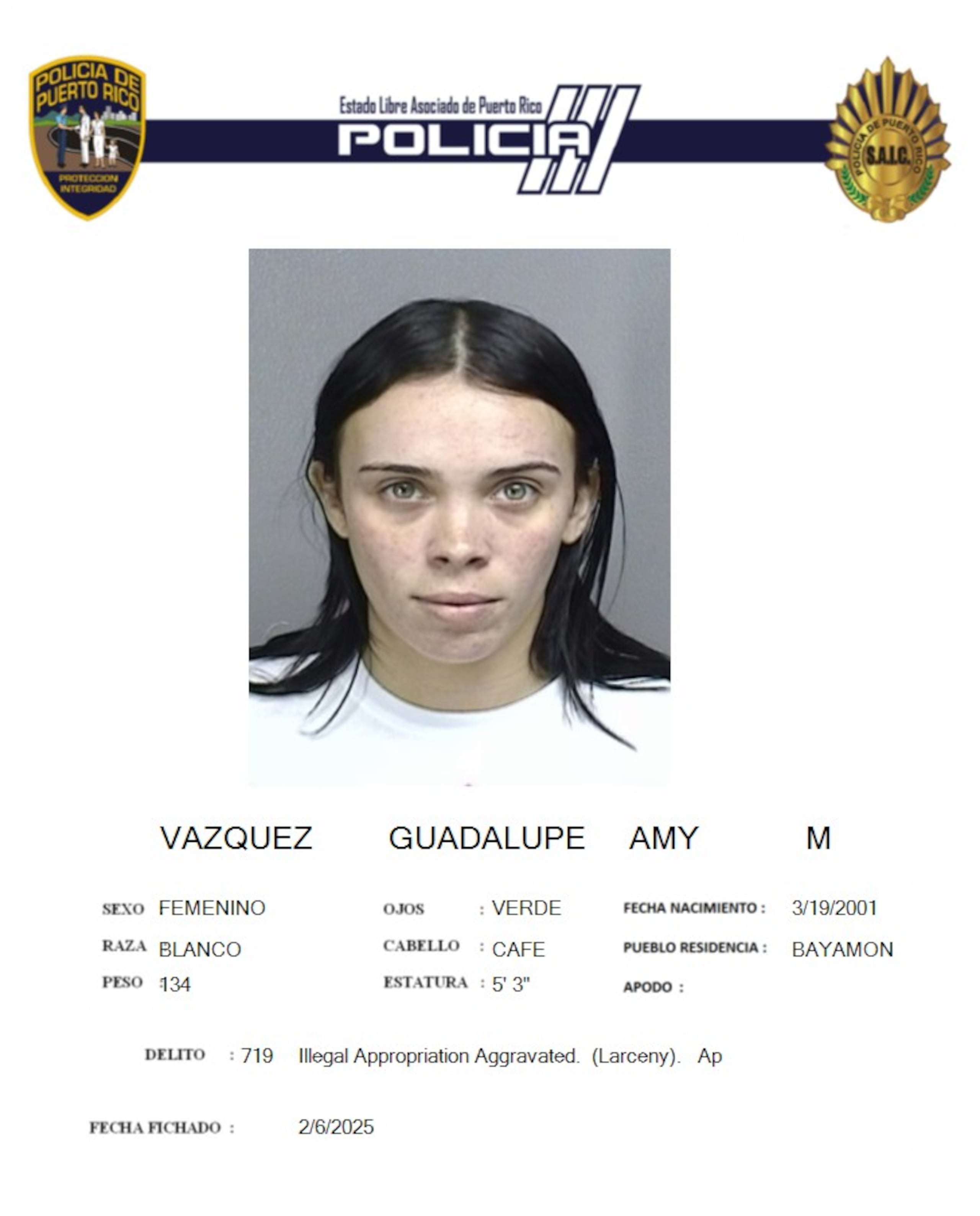 Amy M. Vázquez Guadalupe fue acusada por apropiación ilegal y agresión en una tienda en Bayamón.