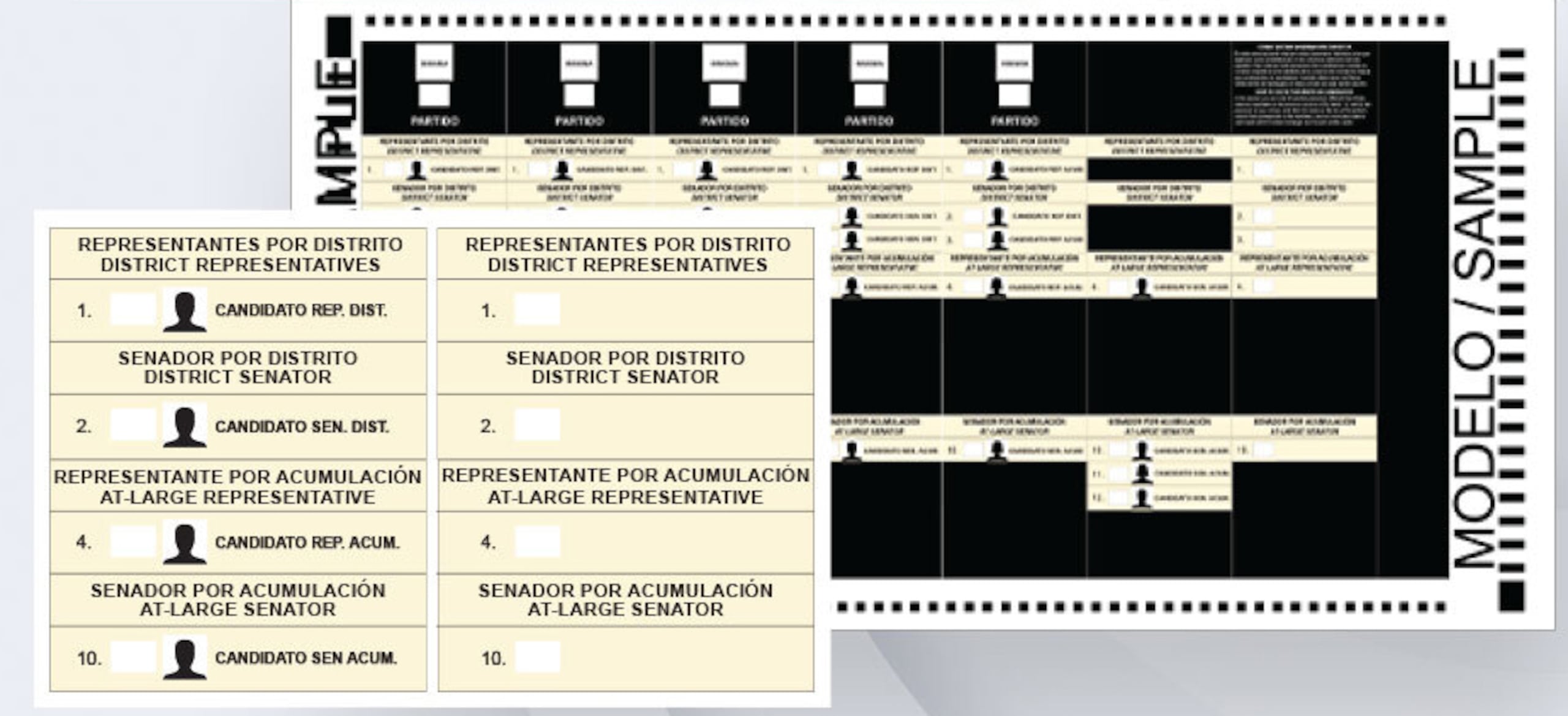 Papeleta Legislativa 
Es color crema
l Votarás por:
1 representante por distrito
2 senadores por distrito
1 representante por acumulación
1 senador por acumulación
- Puedes votar íntegro, mixto, por candidatura o nominación directa.
- Sigue las instrucciones en la papeleta, vota solo por la cantidad de candidatos permitidos.