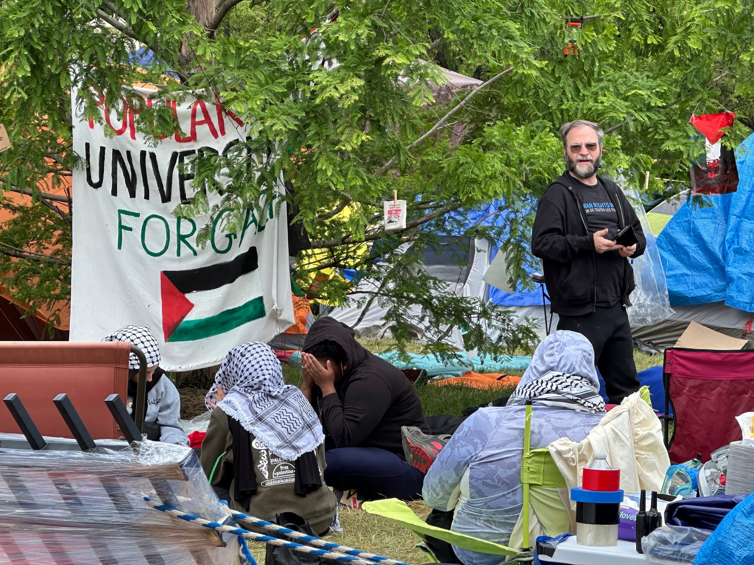 En la imagen, un campamento propalestino, el martes 28 de mayo de 2024 en el campus de la Universidad Estatal Wayne en Detroit. (AP Foto/Mike Householder)