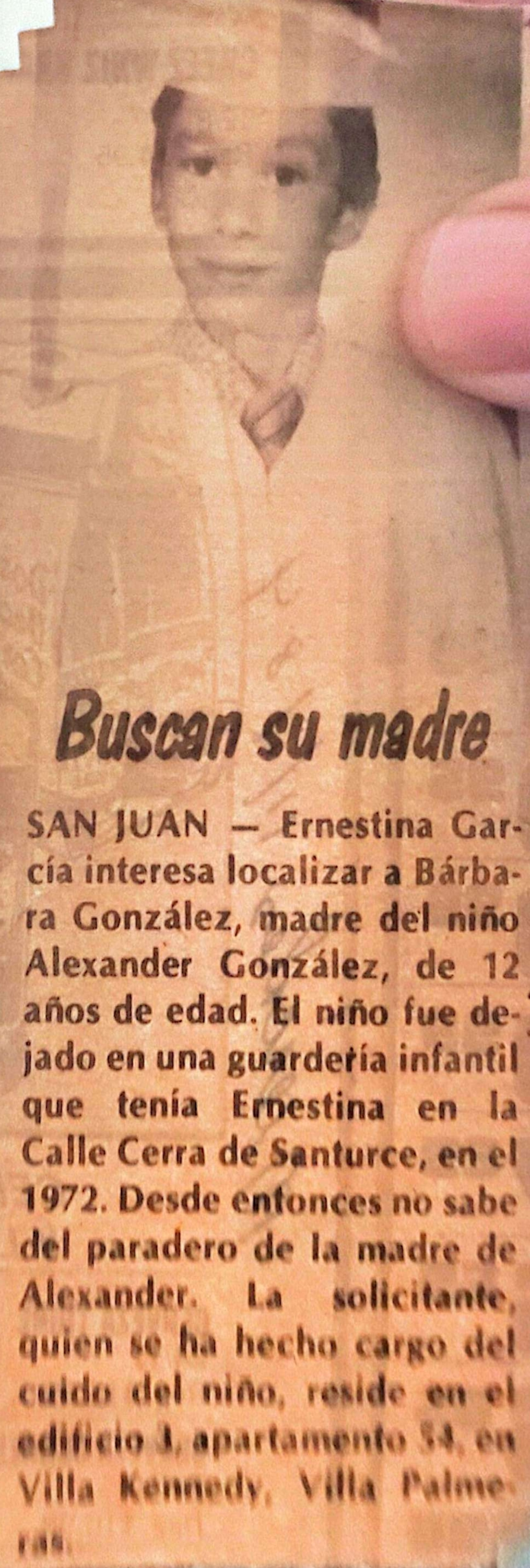 Un aviso en un periódico 12 años después de la desaparición de su hijo, la llevó a criar a otro niño que le fue entregado por el Departamento de la Familia.