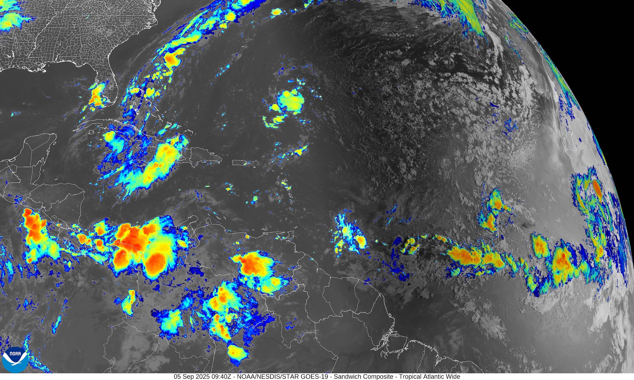 Imagen de satélite del Atlántico en la madrugada del 5 de septiembre de 2025.