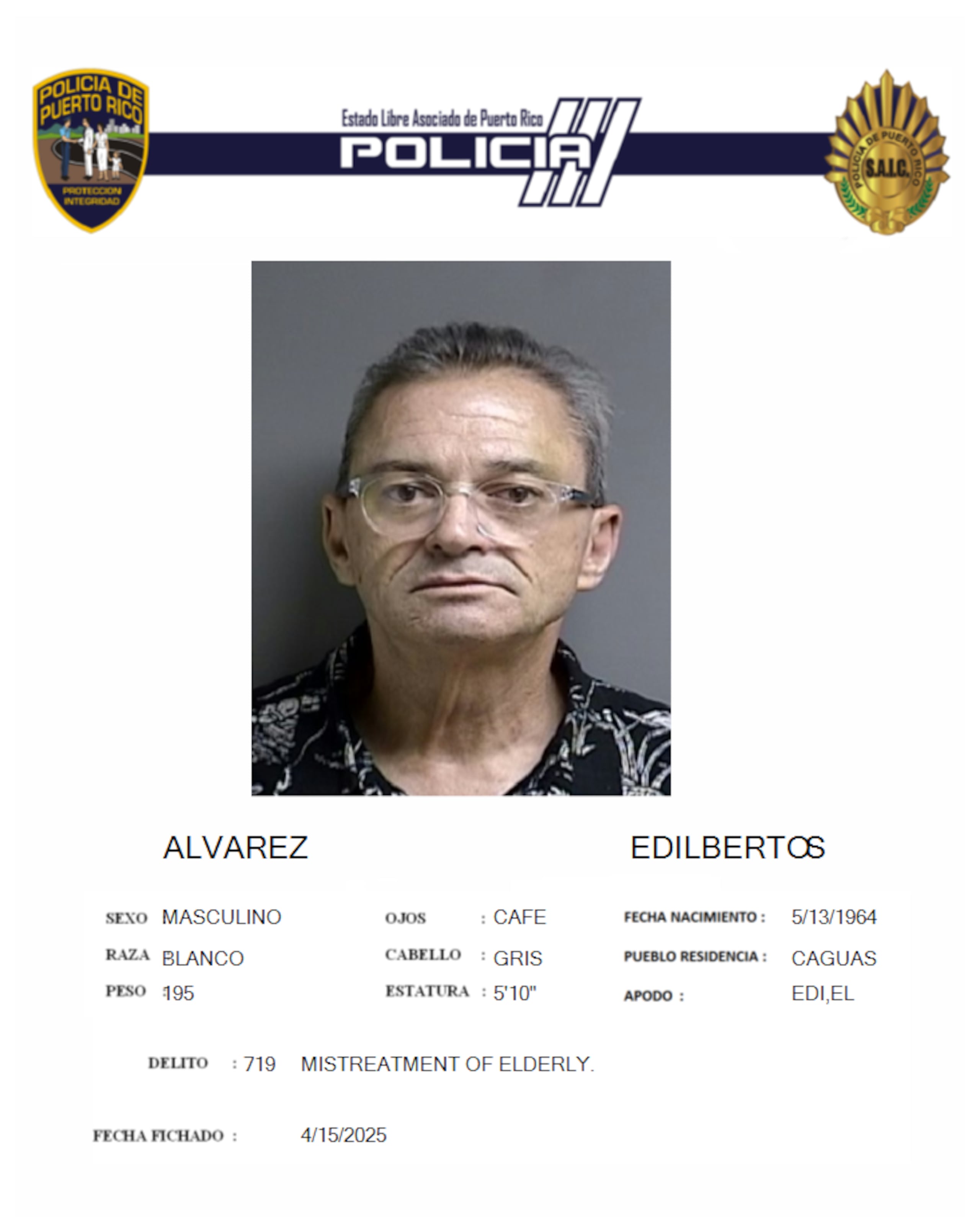 Edilberto S. Álvarez, enfrenta cargos por maltrato a una persona de edad avanzada, amenaza y escalamiento agravado.