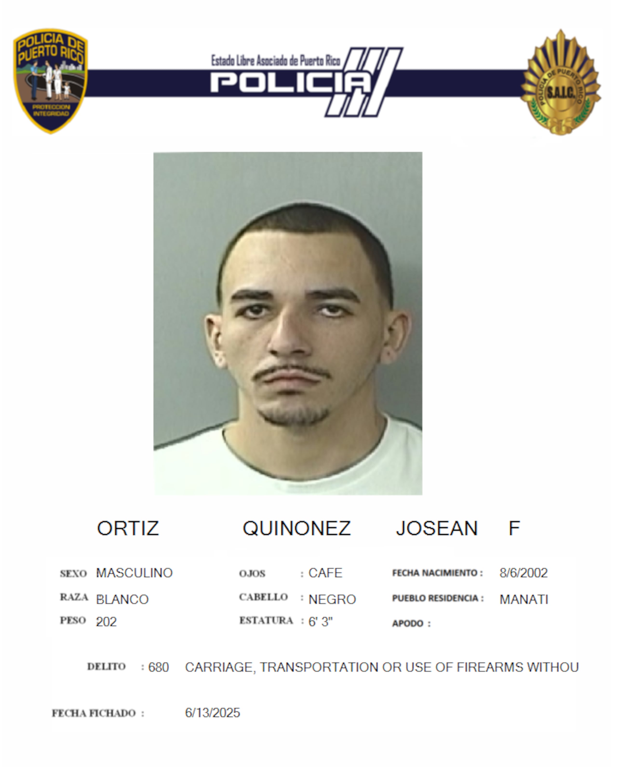 Josean F. Ortiz Quiñones, de 22 años, residente del pueblo de Manatí.