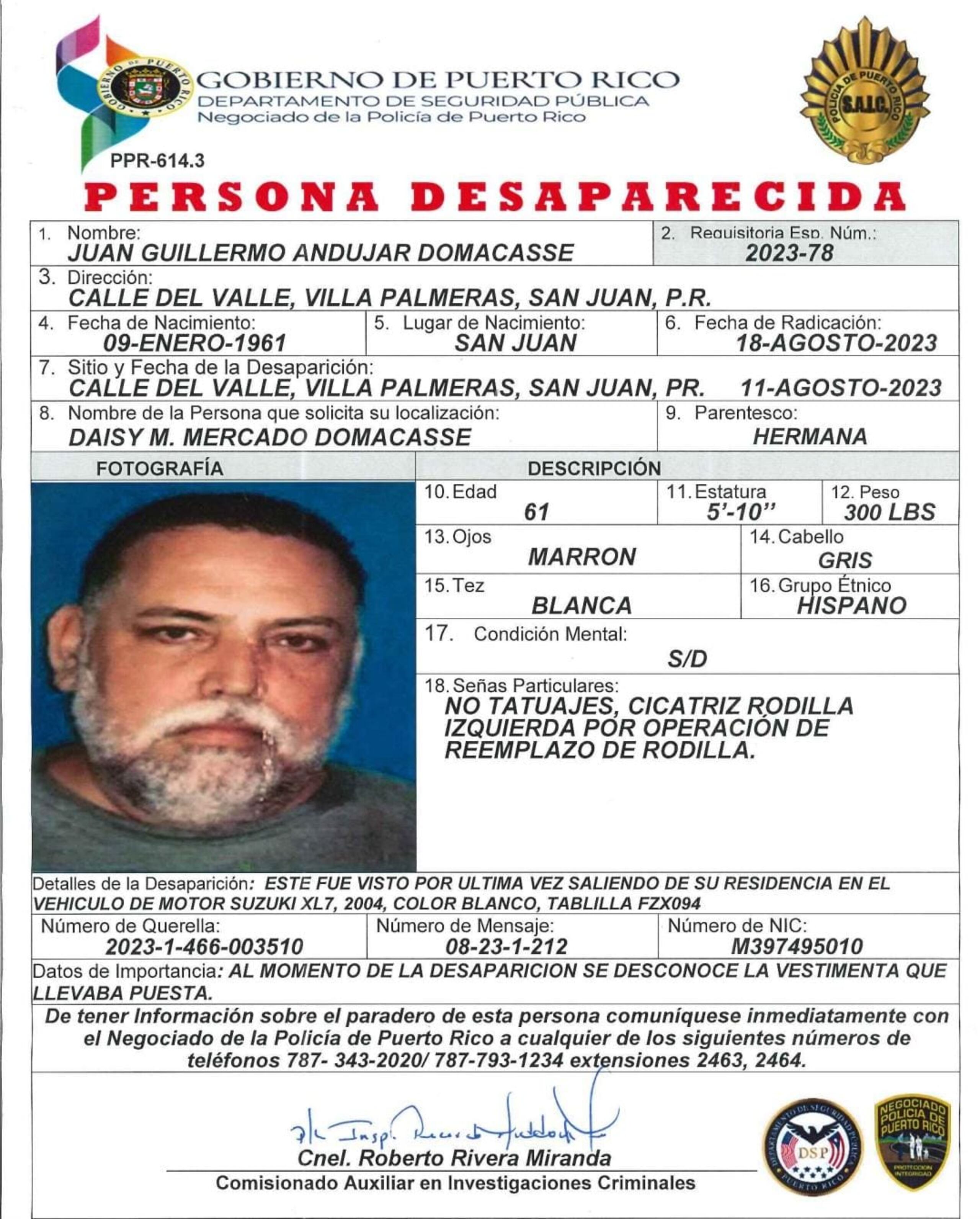 Juan Guillermo Andújar Domacasse, estaba desaparecido desde el 11 de agosto.