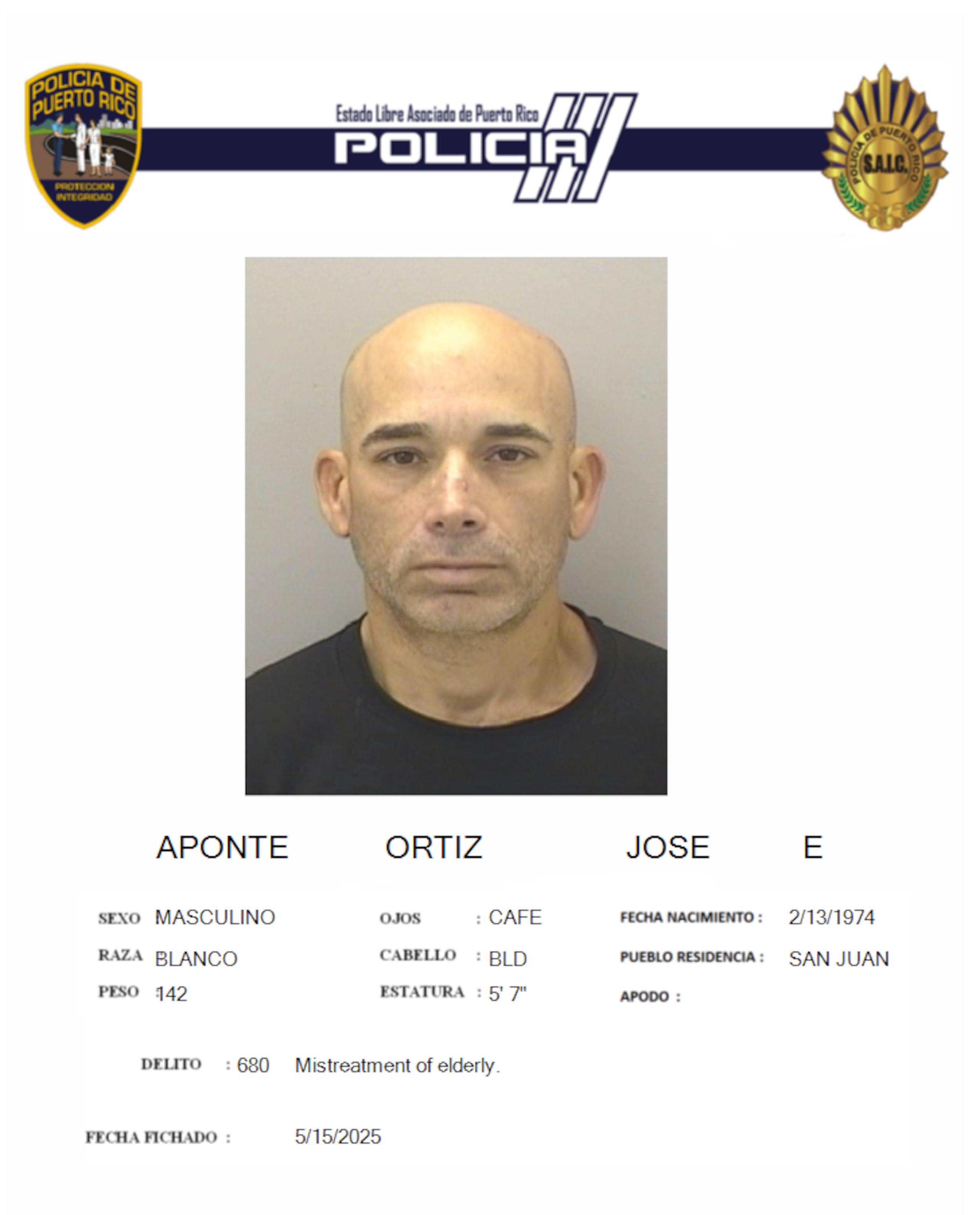 José E. Aponte Ortiz, enfrenta cargos por maltrato a una persona de edad avanzada.