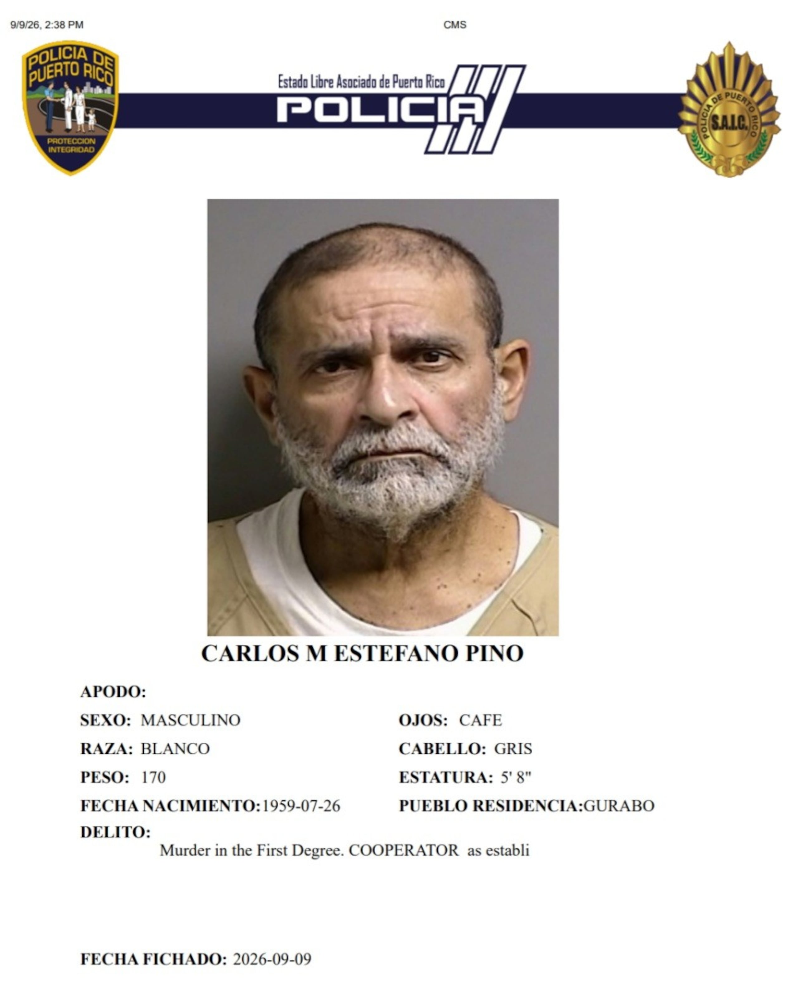 Carlos M. Estefano Pino, enfrenta un cargo de asesinato en primer grado por dar muerte a la enfermera Jennifer Marie Torres Castro, el 24 de junio en Caguas.