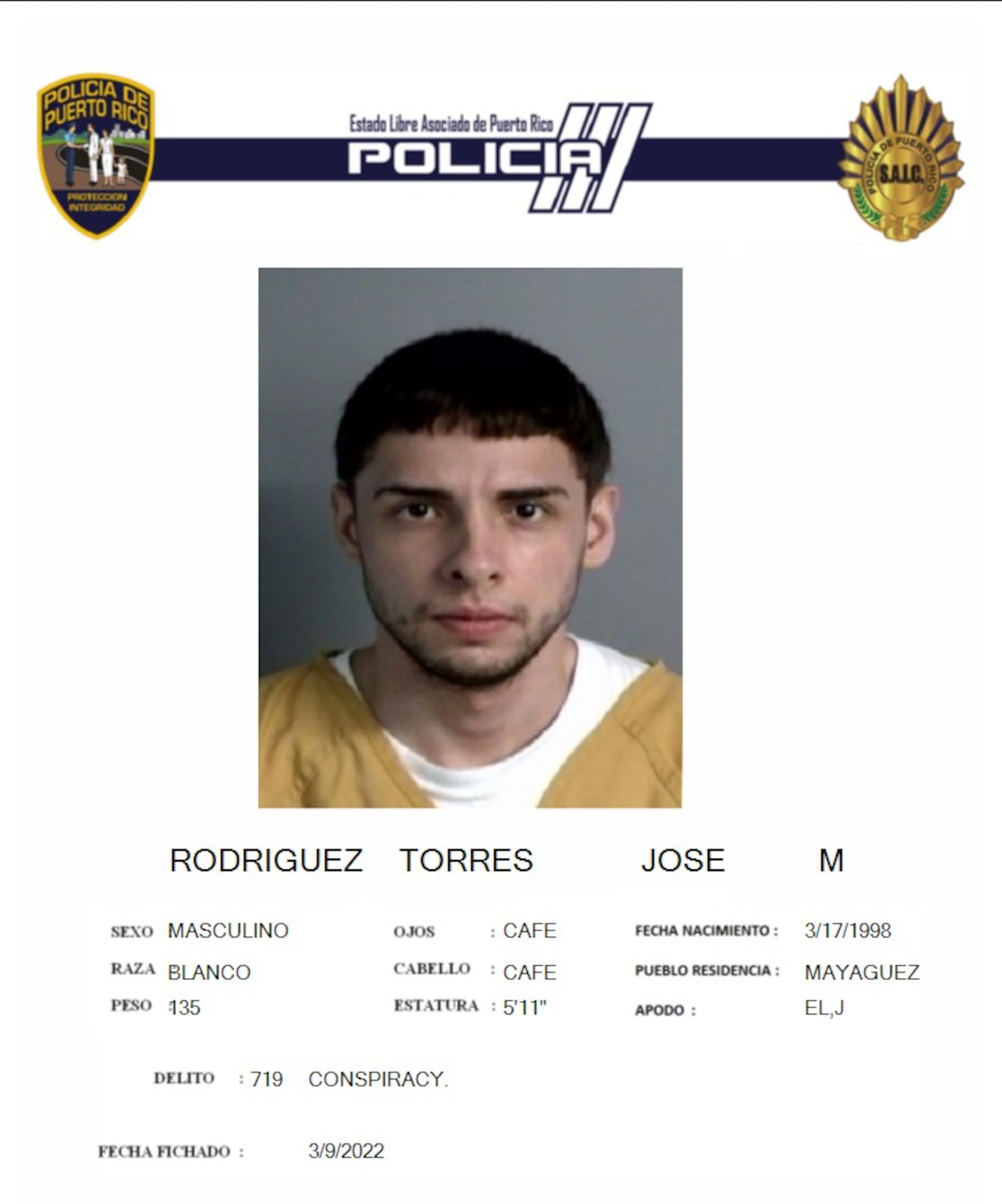 José M. Rodríguez Torres, alias "La J", quien figuraba en la lista de los 12 fugitivos Más Buscados en la Isla fue arrestado en el barrio El Maní en Mayagüez.