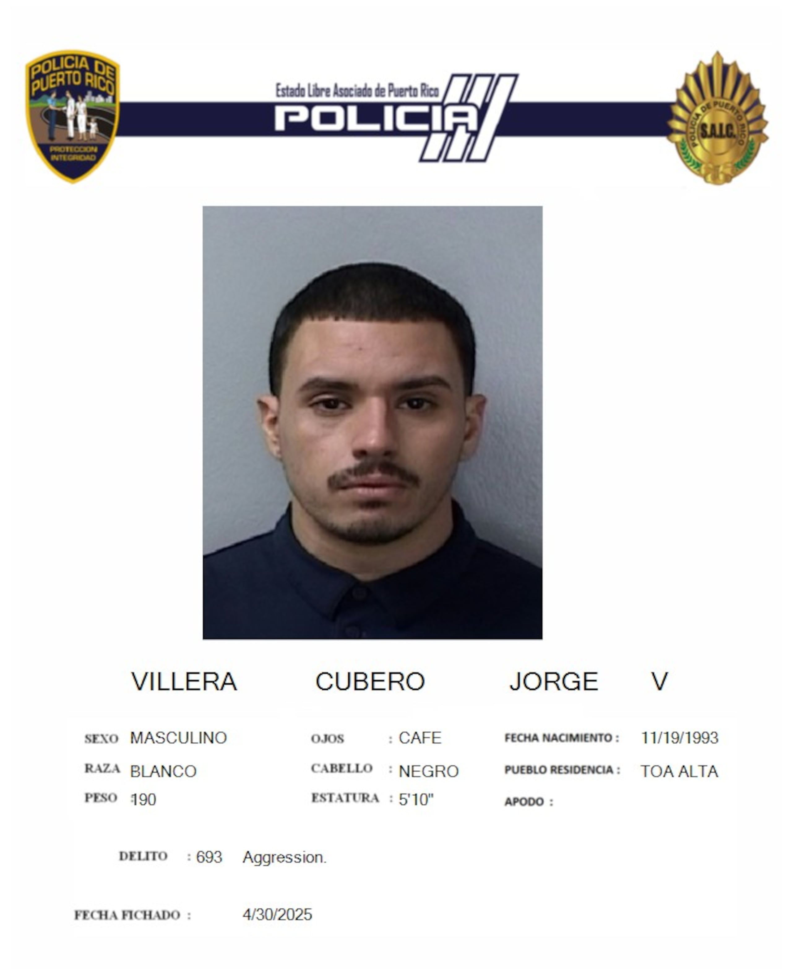 Jorge V. Virella Cubero por acusado por los delitos de empleo de violencia contra la autoridad pública y agresión grave.