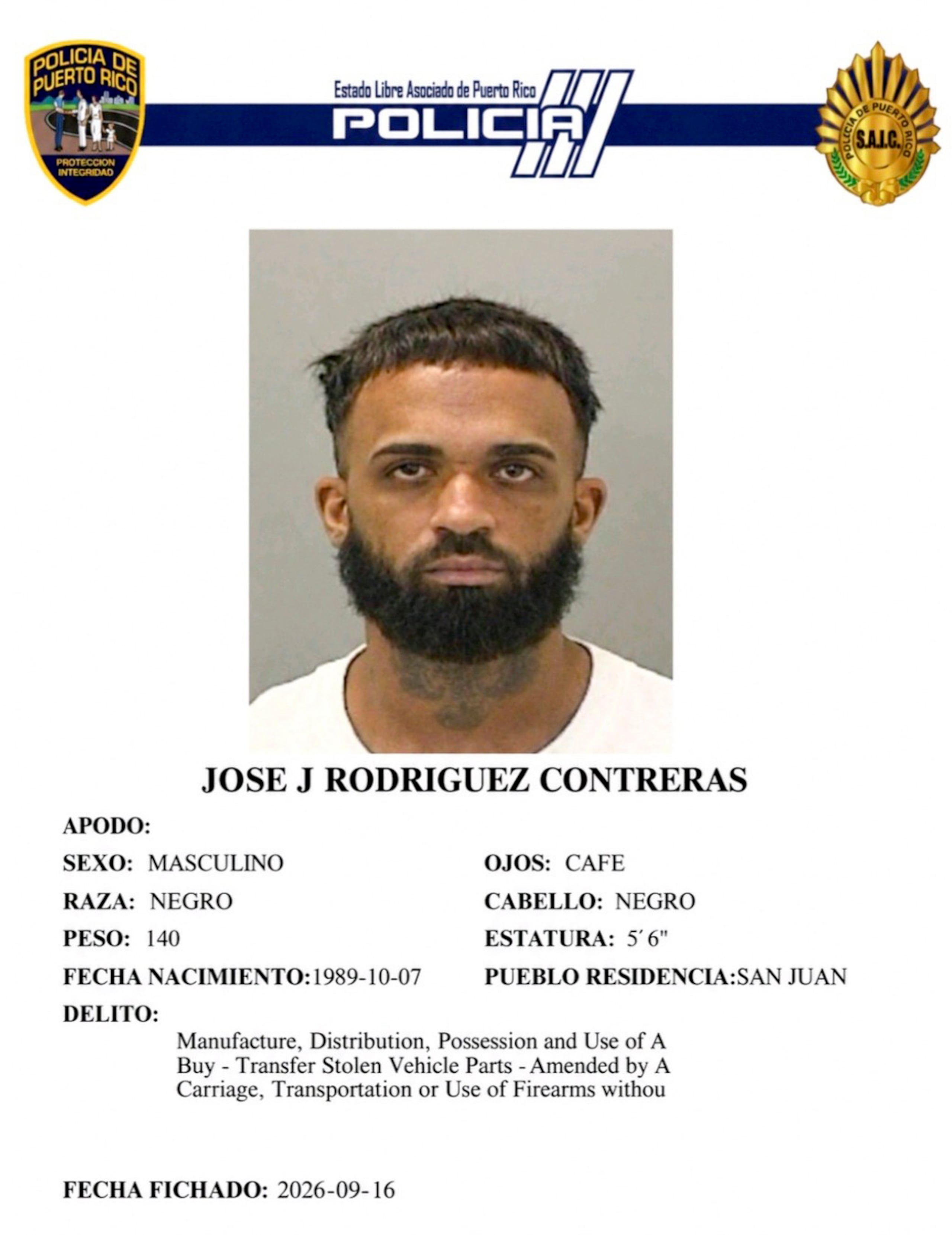 José J. Rodríguez Contreras, enfrenta cargos tras ser arrestado manejando un vehículo hurtado.