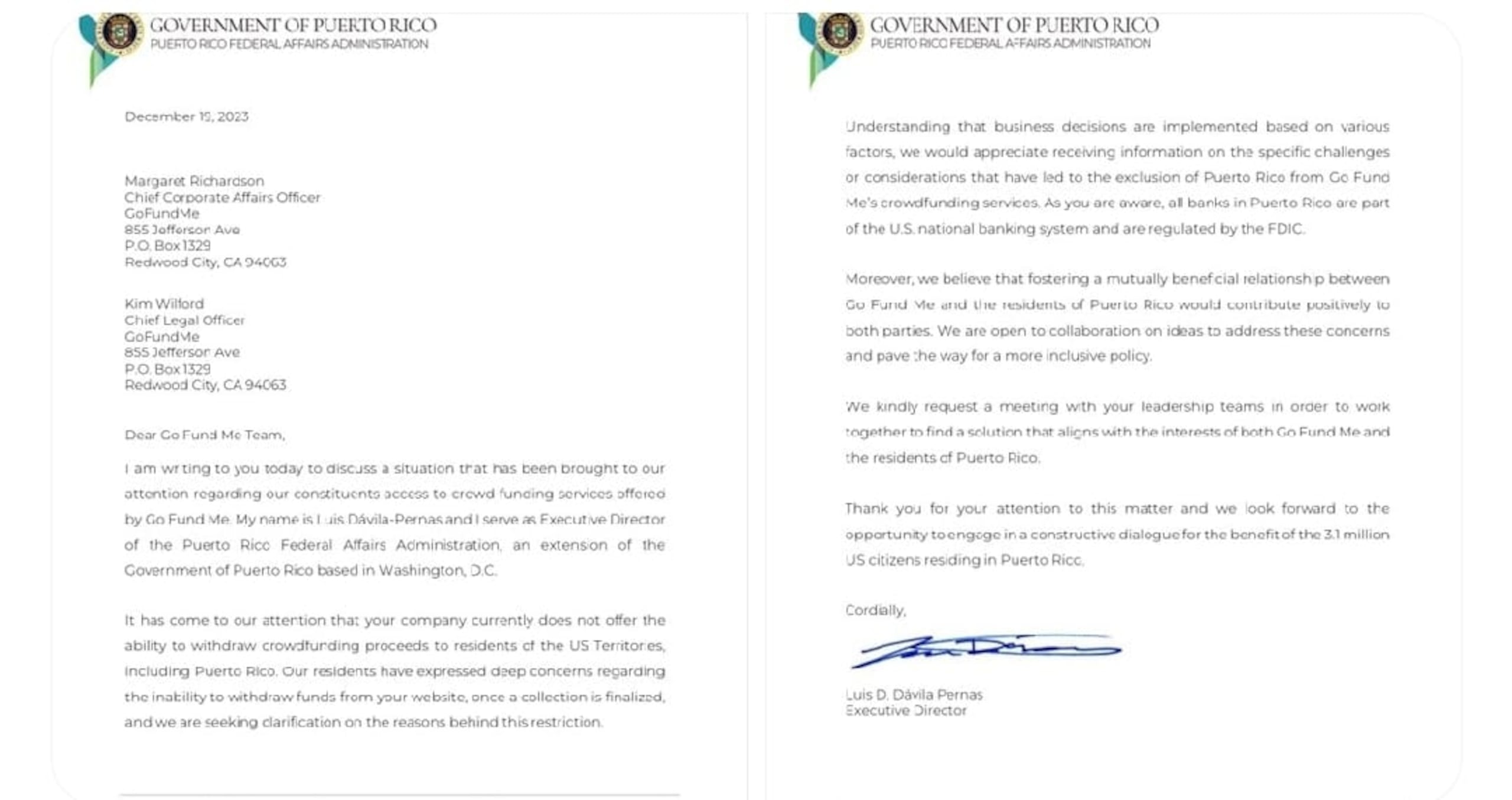 Carta enviada por el director de PRFAA, Luis Dávila Pernas, a GoFundMe.