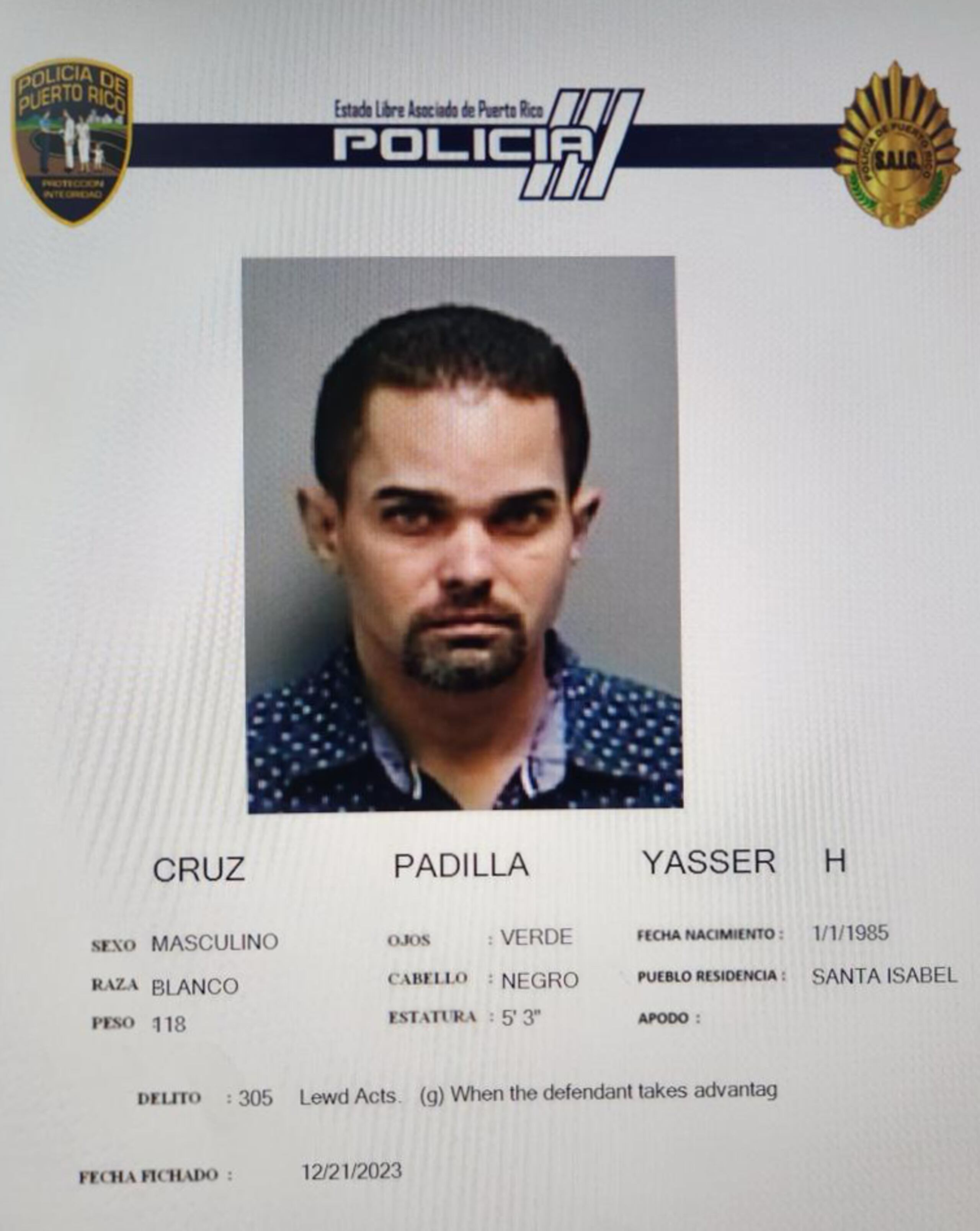 Ficha policial de Yasser H. Cruz Padilla.