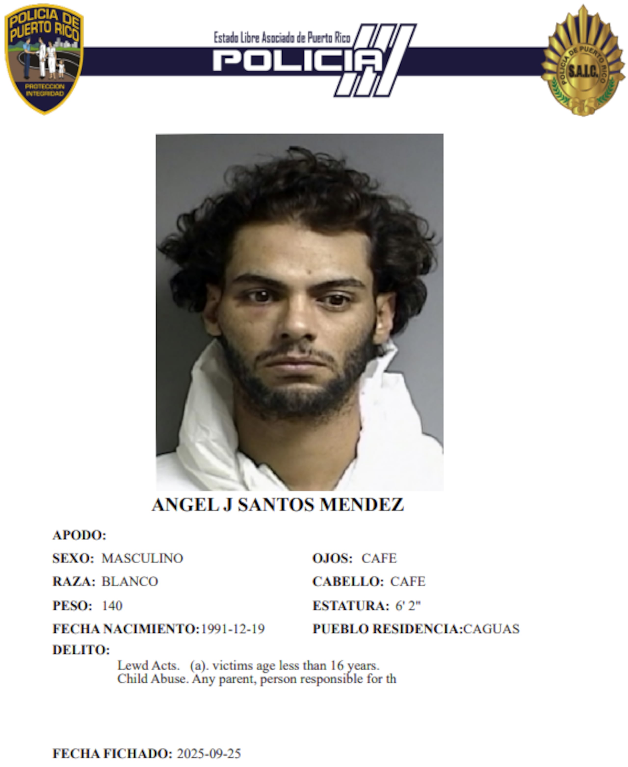 Ficha policíaca del imputado, Ángel Javier Santos Méndez.