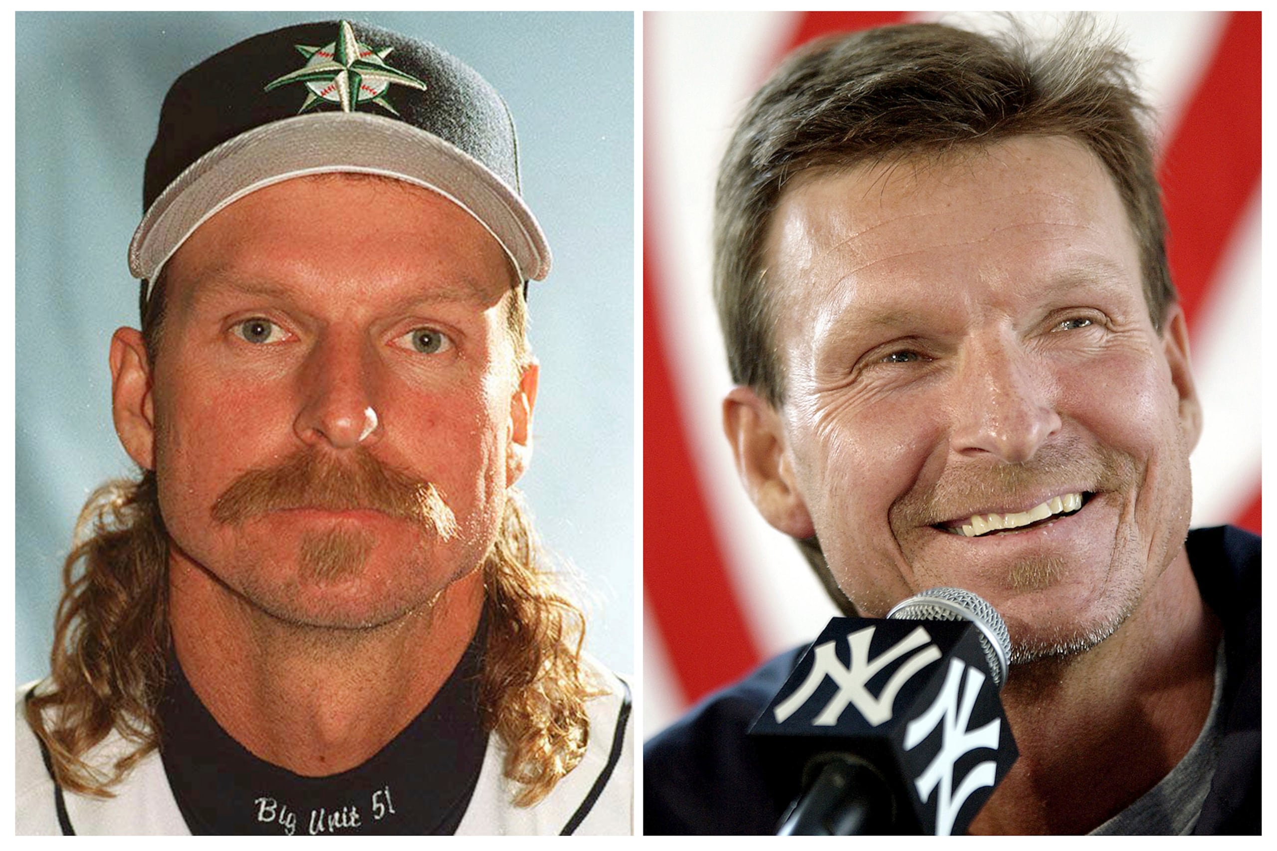 Esta combinación de fotografías de archivo muestra al lanzador de los Mariners de Seattle, Randy Johnson, a la izquierda, en 1997, y con los Yankees de Nueva York en 2005.