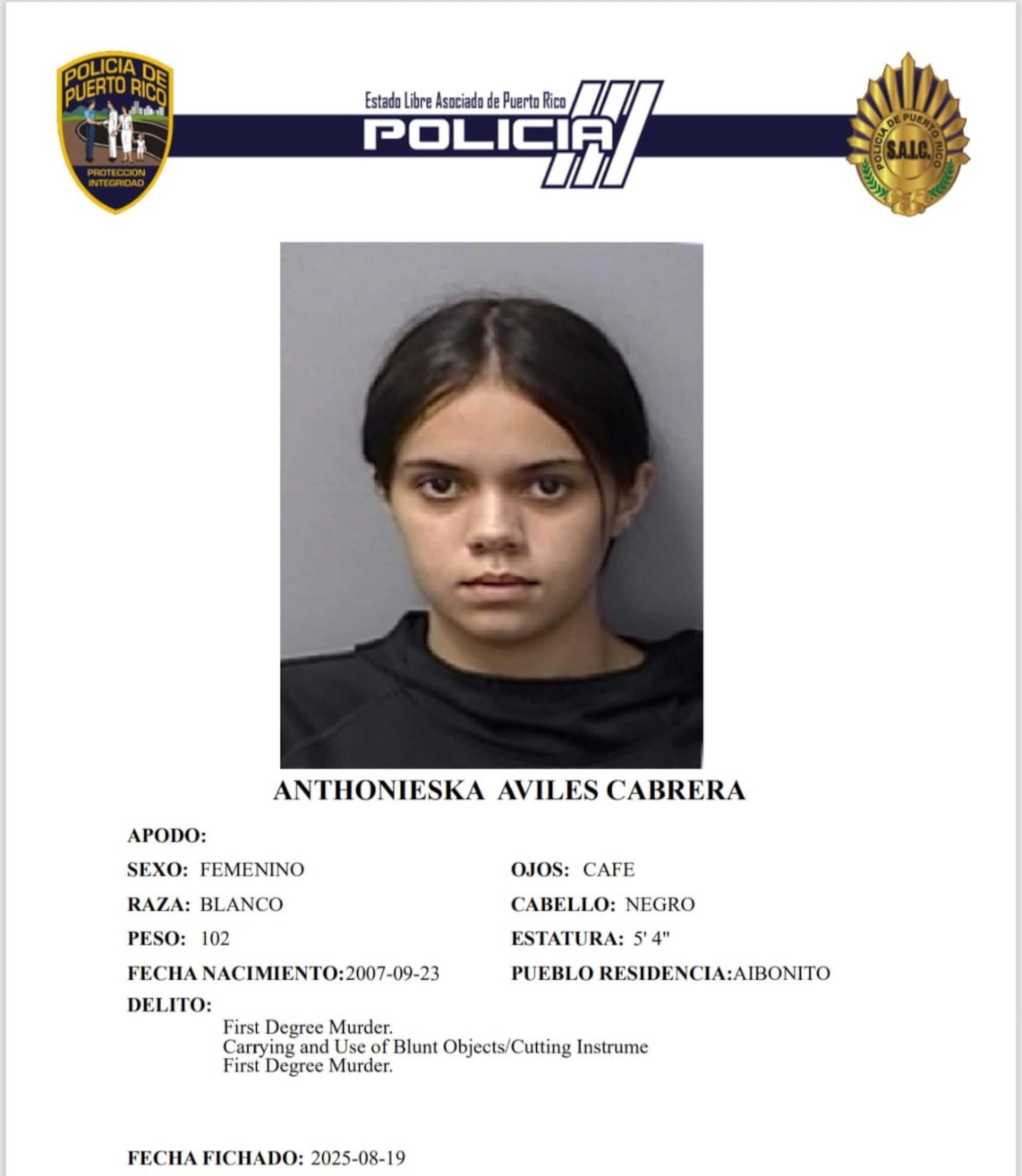 Anthonieska Avilés Cabrera, de 17 años, enfrenta cargos por asesinato en primer grado y violación a la Ley de Armas, por el crimen de Gabriela Nicole Pratts, en Aibonito.
