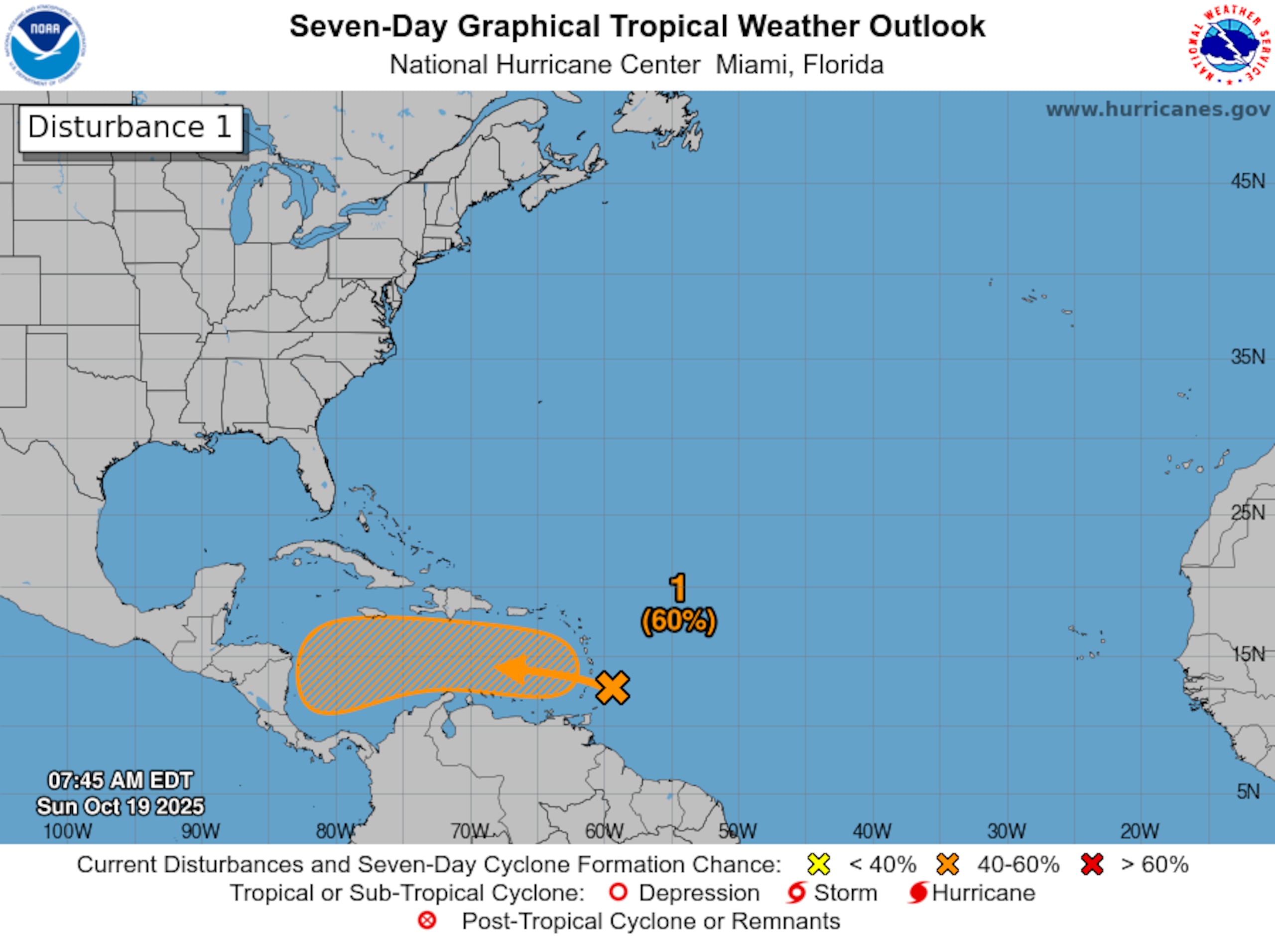 Una onda tropical de camino al Caribe tiene una posibilidad baja de desarrollo ciclónico en dos días y una posibilidad media en una semana. (NOAA)