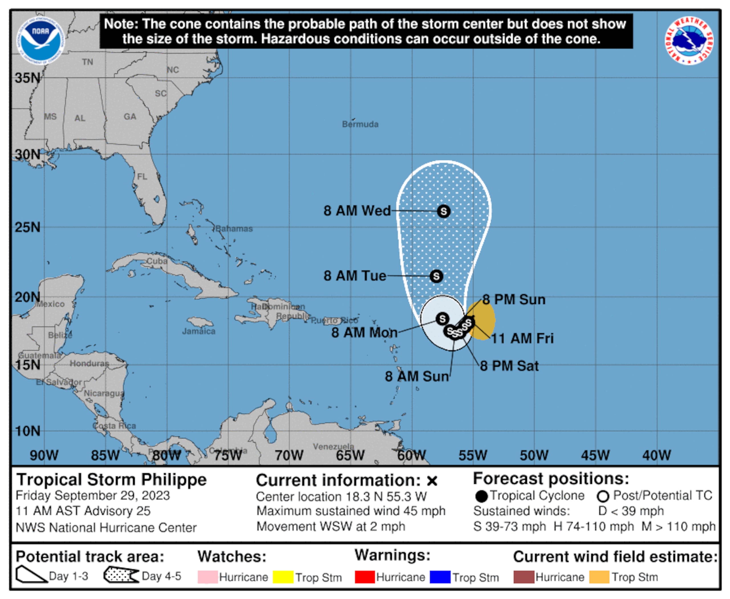 Pronóstico de la tormenta tropical Philippe emitido a las 11:00 de la mañana del 29 de septiembre de 2023.