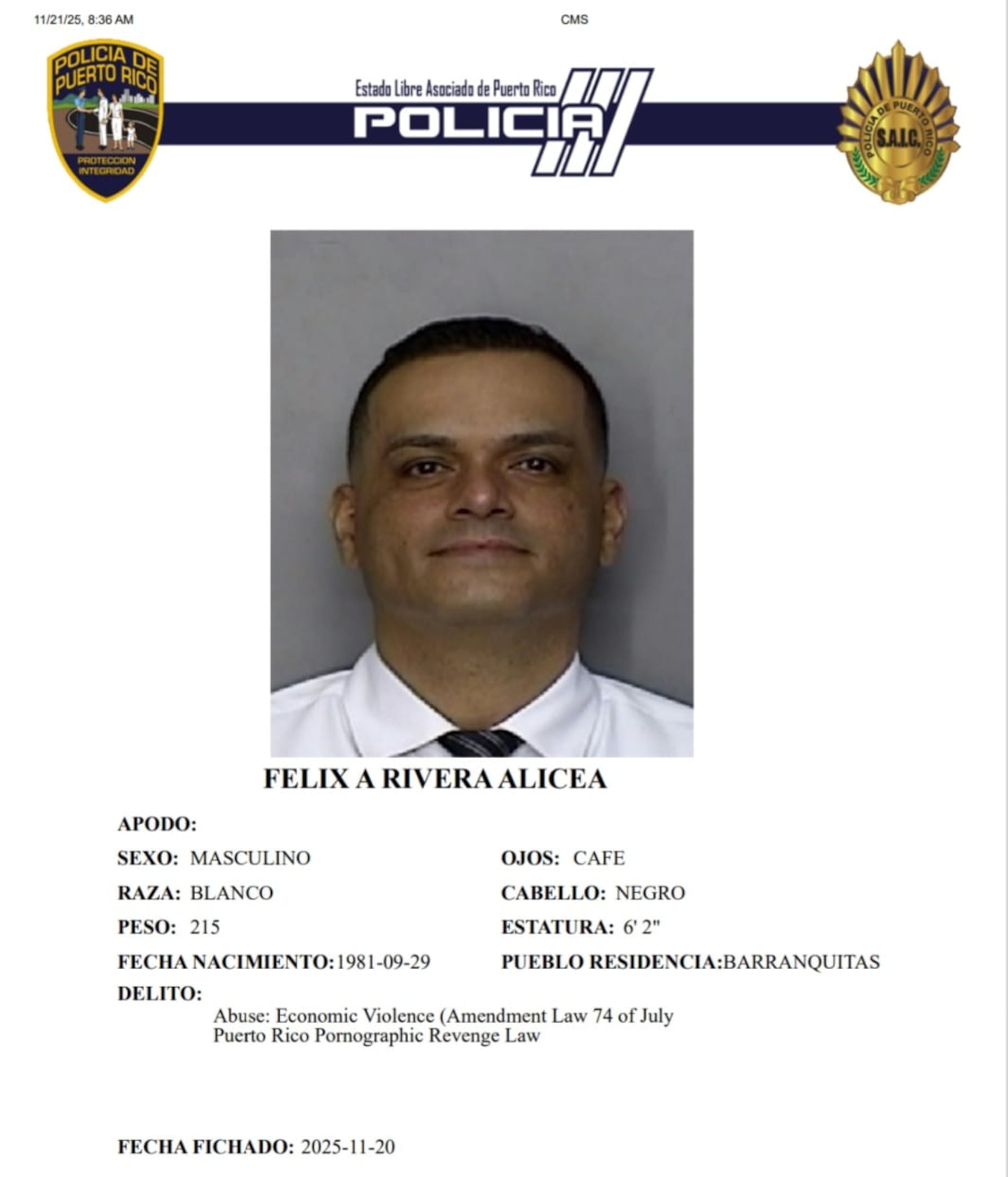 Félix A. Rivera Alicea, enfrenta cargos por violencia doméstica y pornovenganza.