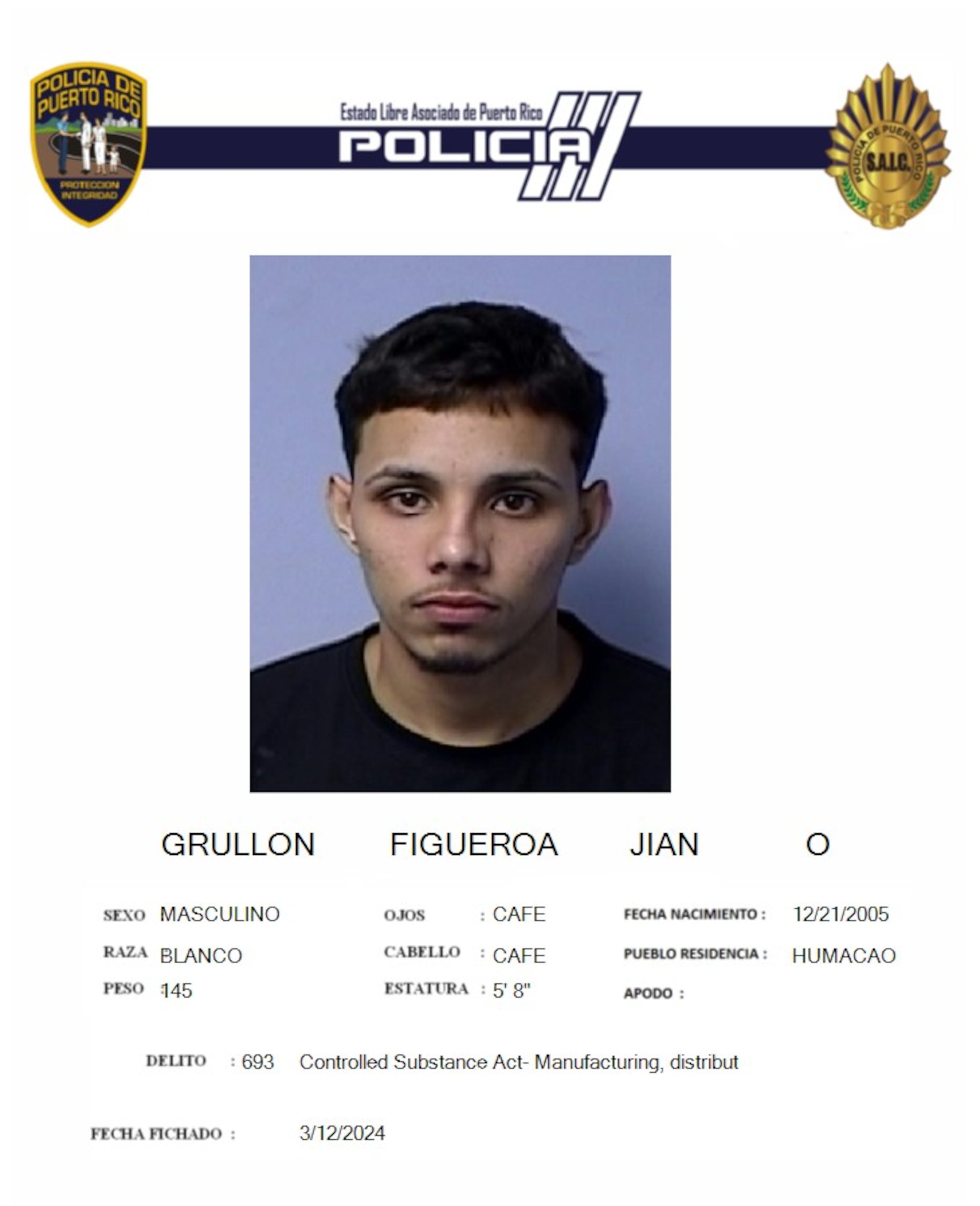 Ficha policiaca del joven asesinado en Las Piedras, Jian Omar Grullón Figueroa, de 19 años.