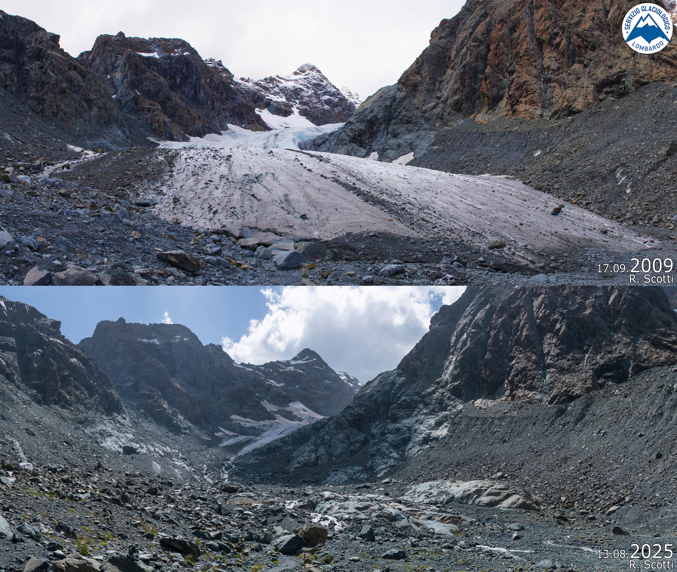 Esta combinación de imágenes muestra el glaciar Ventina, cerca de Sondrio, en el norte de Italia, en 2009 (arriba), y el miércoles 13 de agosto de 2025. (Lombardy Glaciology Service via AP)