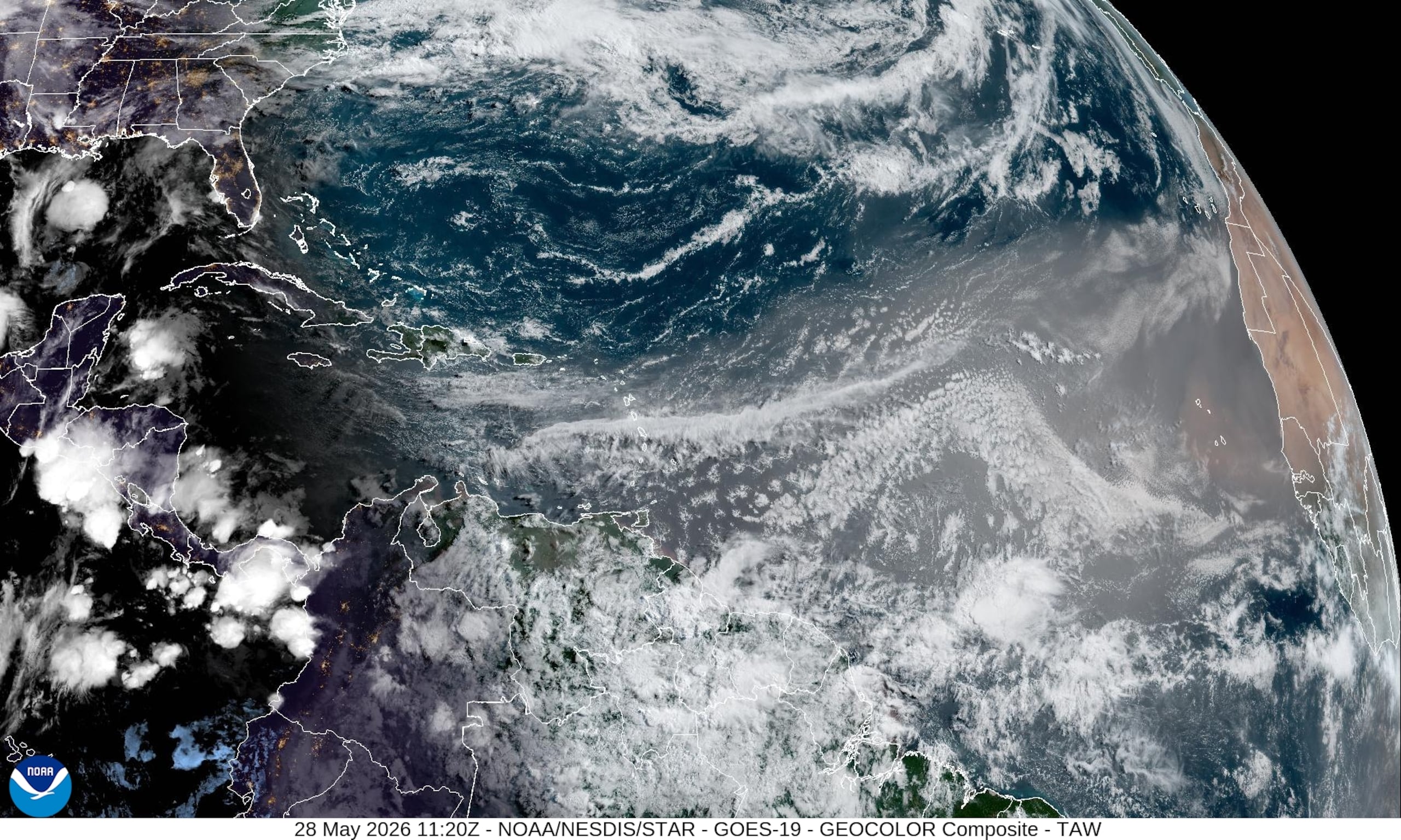 Imagen del Atlántico en la que se observa el polvo del Sahara desplazándose hacia la región del Caribe, el 28 de mayo de 2026.
