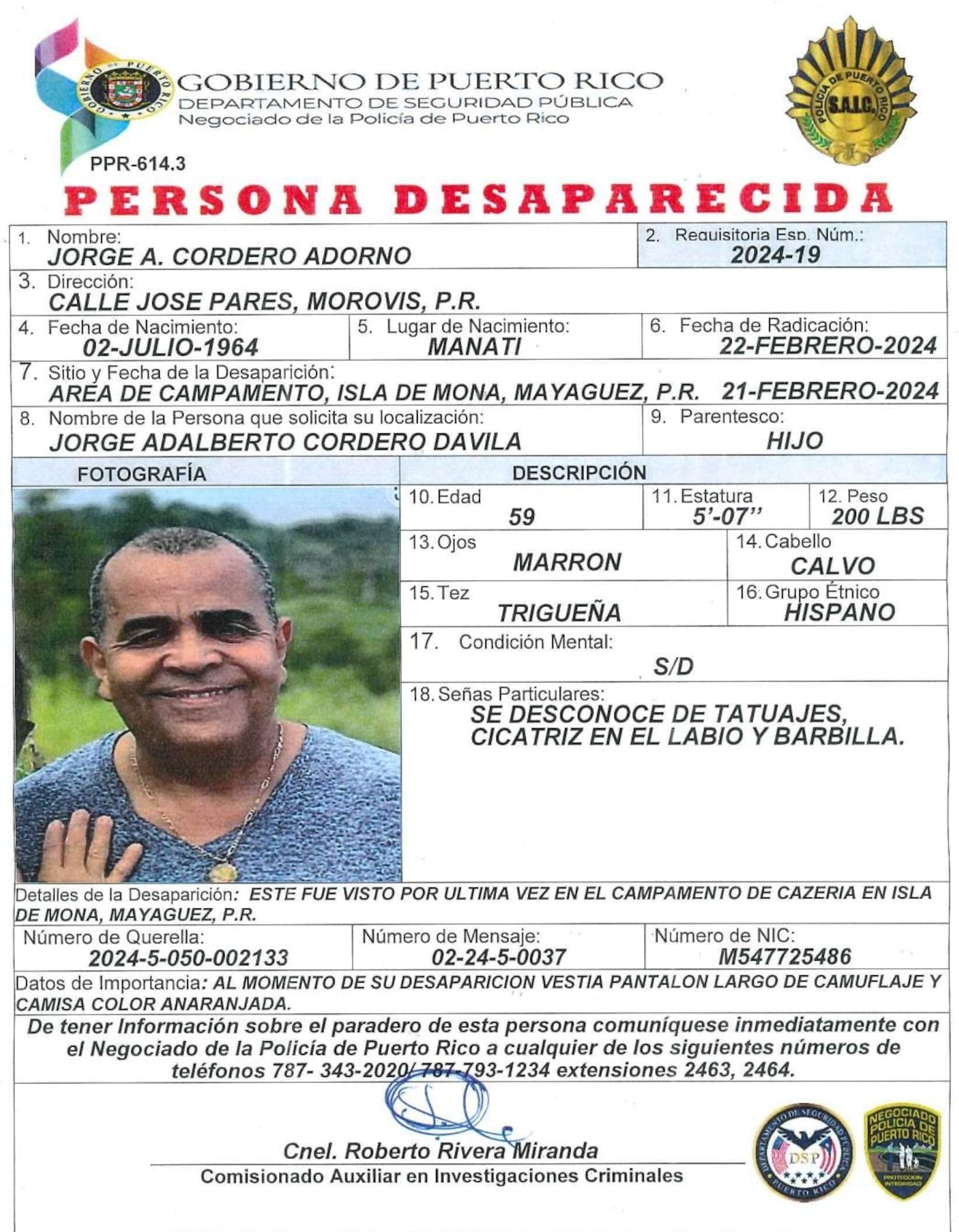 El cazador Jorge A. Cordero Adorno fue visto por última vez uno de los campamentos de Isla de Mona el 20 de febrero.