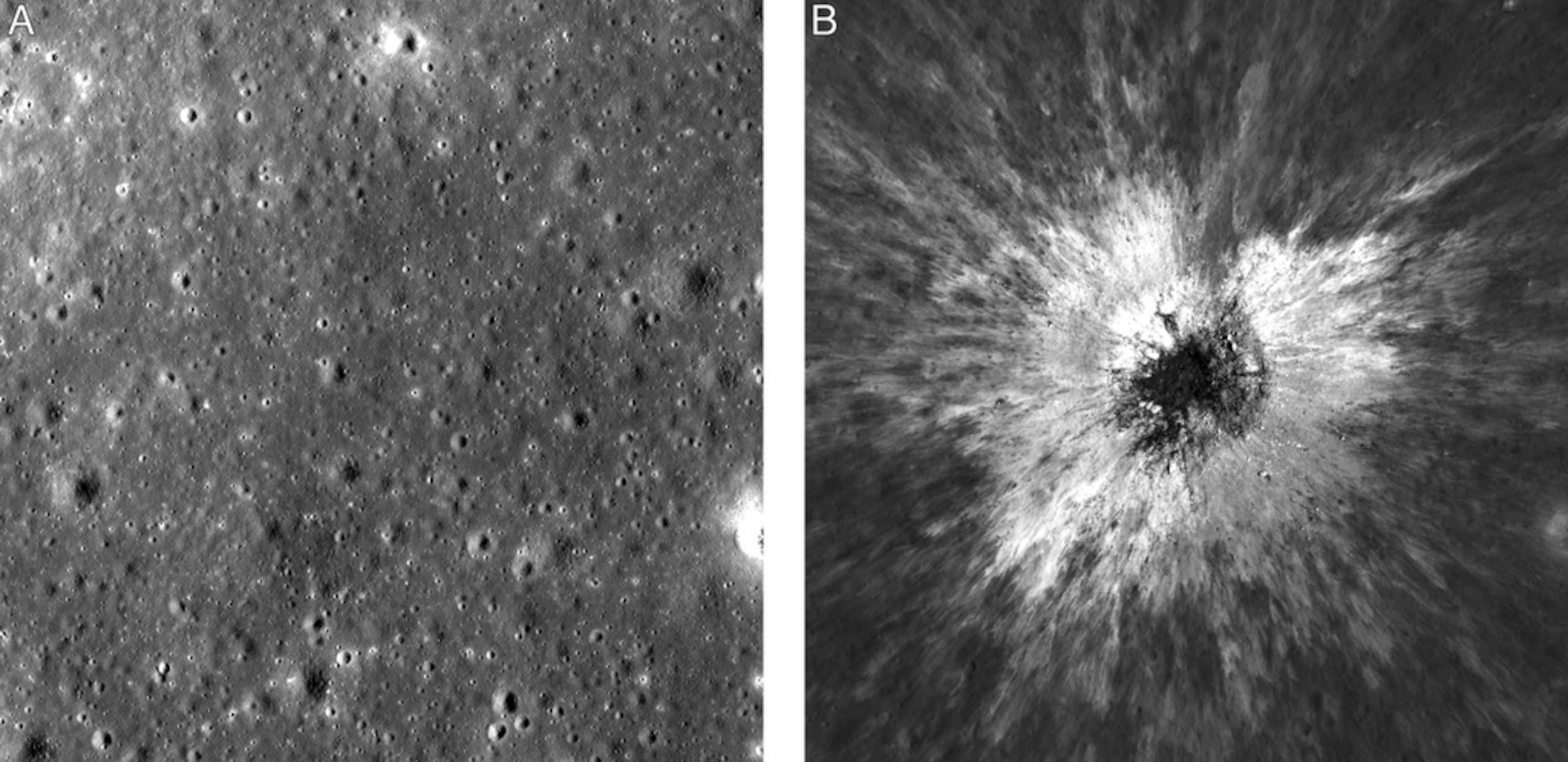 Esta combinación de fotos tomadas por el Orbitador de Reconocimiento Lunar de la NASA muestra la misma zona de la superficie lunar antes y después de la formación de un cráter recién descubierto en mayo de 2024.