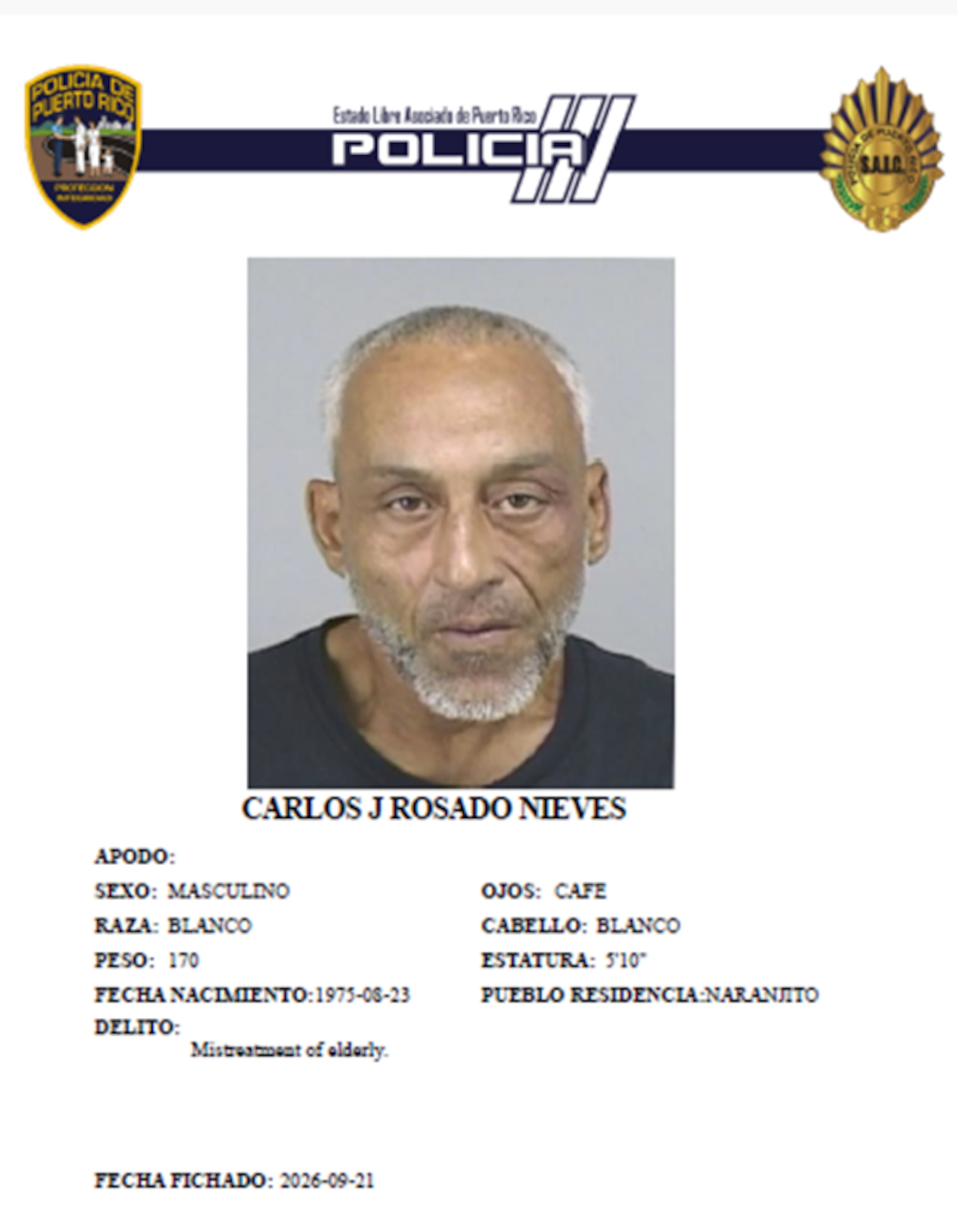 Ficha policíaca del imputado, Carlos Javier Rosado Nieves, de 71 años.