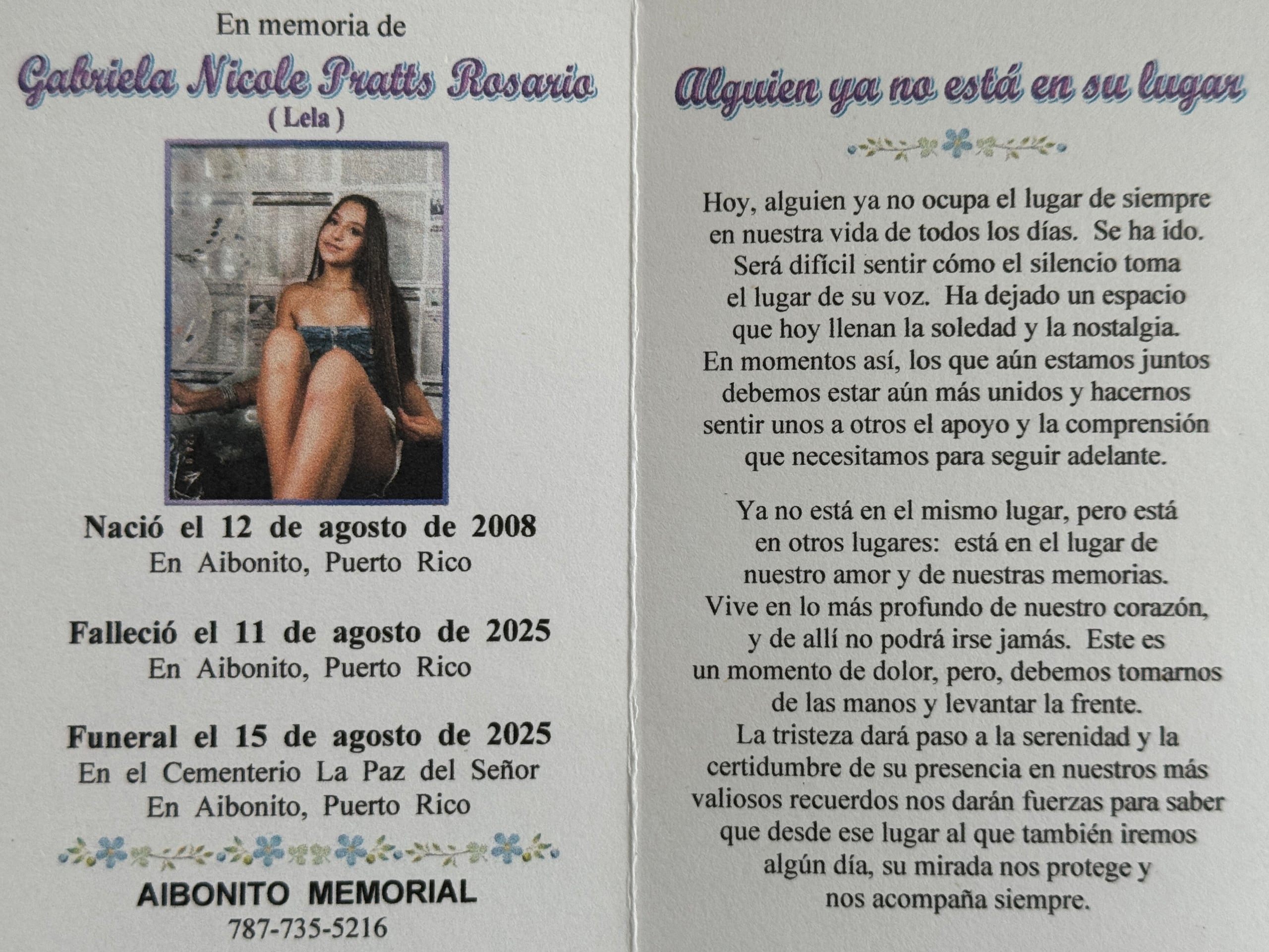 Gabriela Nicole Pratts Rosario será velada hoy.