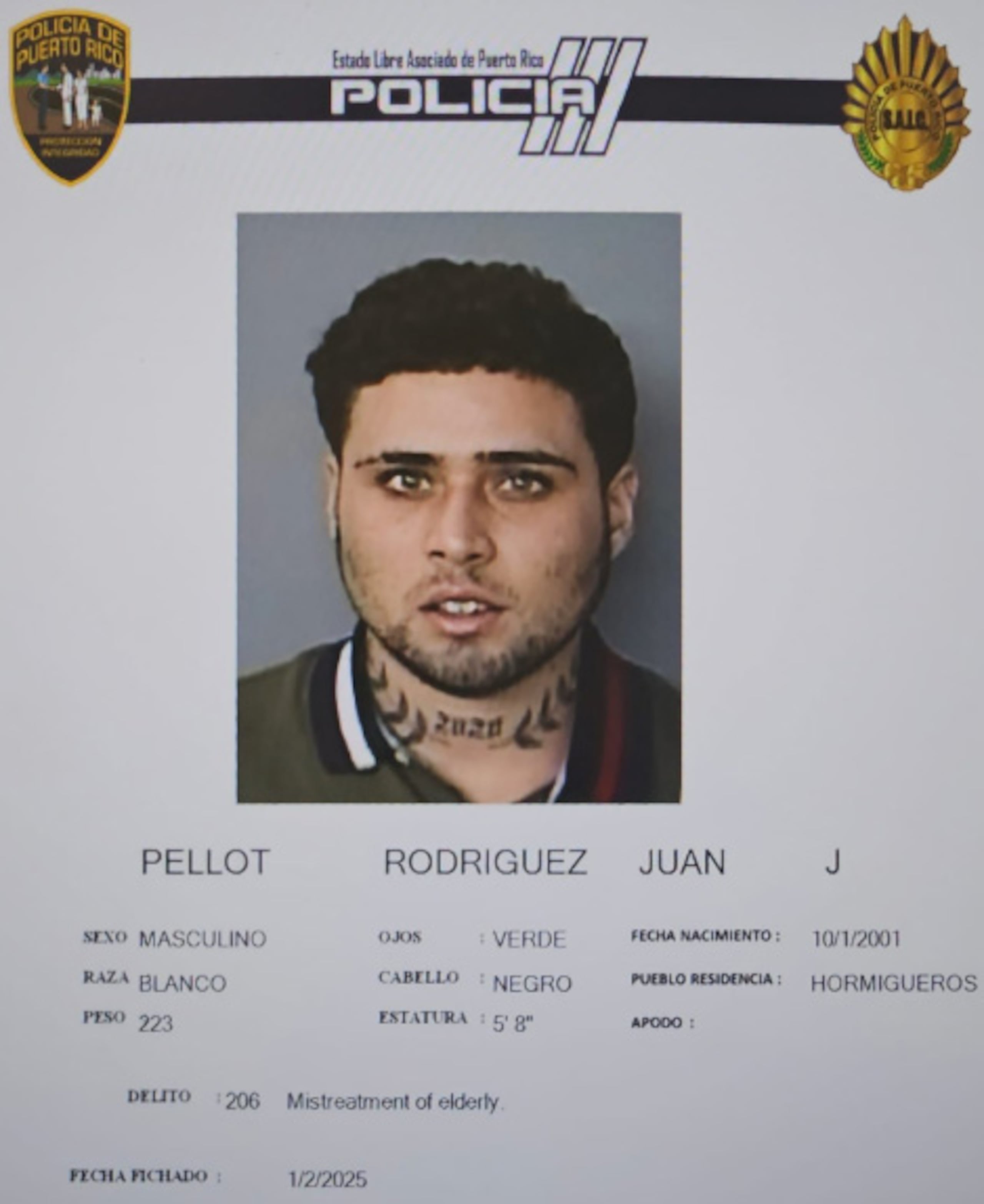 Ficha policíaca de Juan José Pellot Rodríguez cuando fue imputado de agredir a un septuagenario en Mayagüez.