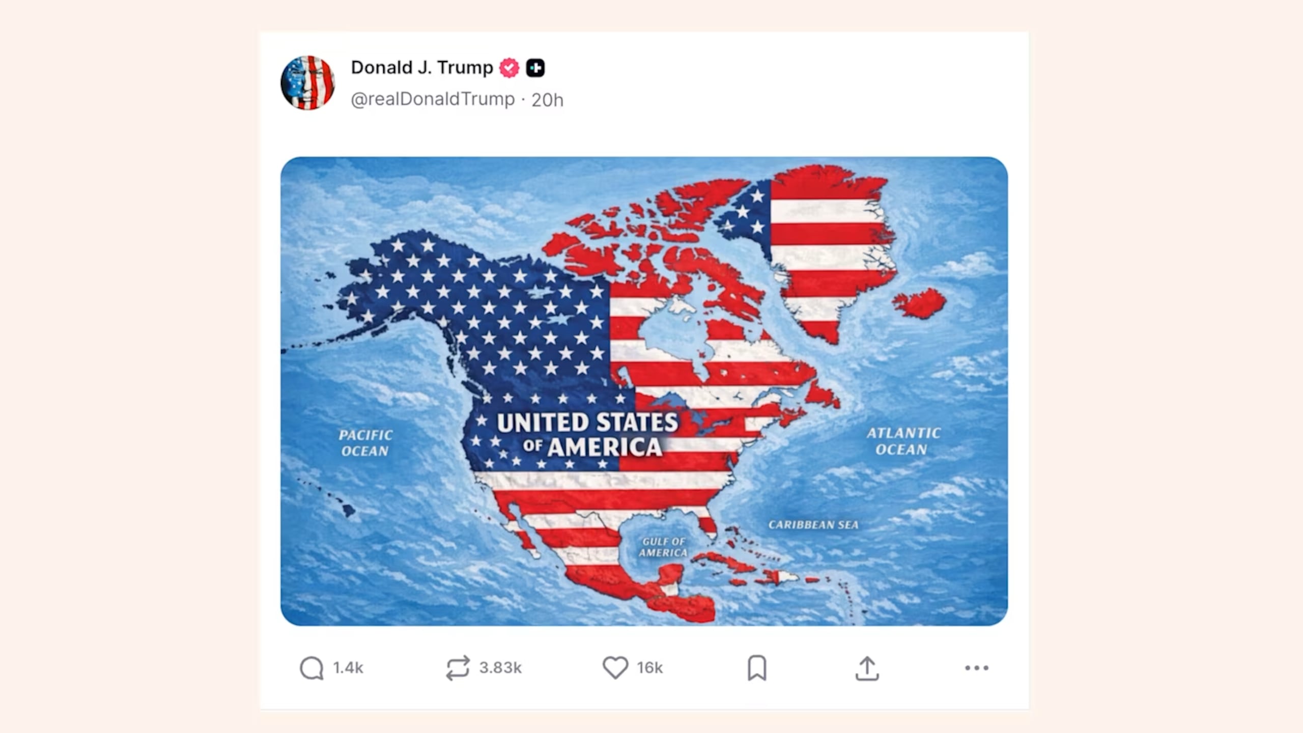 La publicación en Truth Social no ofrecía ninguna explicación, pero evocaba las anteriores declaraciones de Trump sobre convertir a Canadá en el estado número 51 de Estados Unidos y sus reiteradas cavilaciones sobre tomar el control de Groenlandia, el territorio autónomo de Dinamarca.