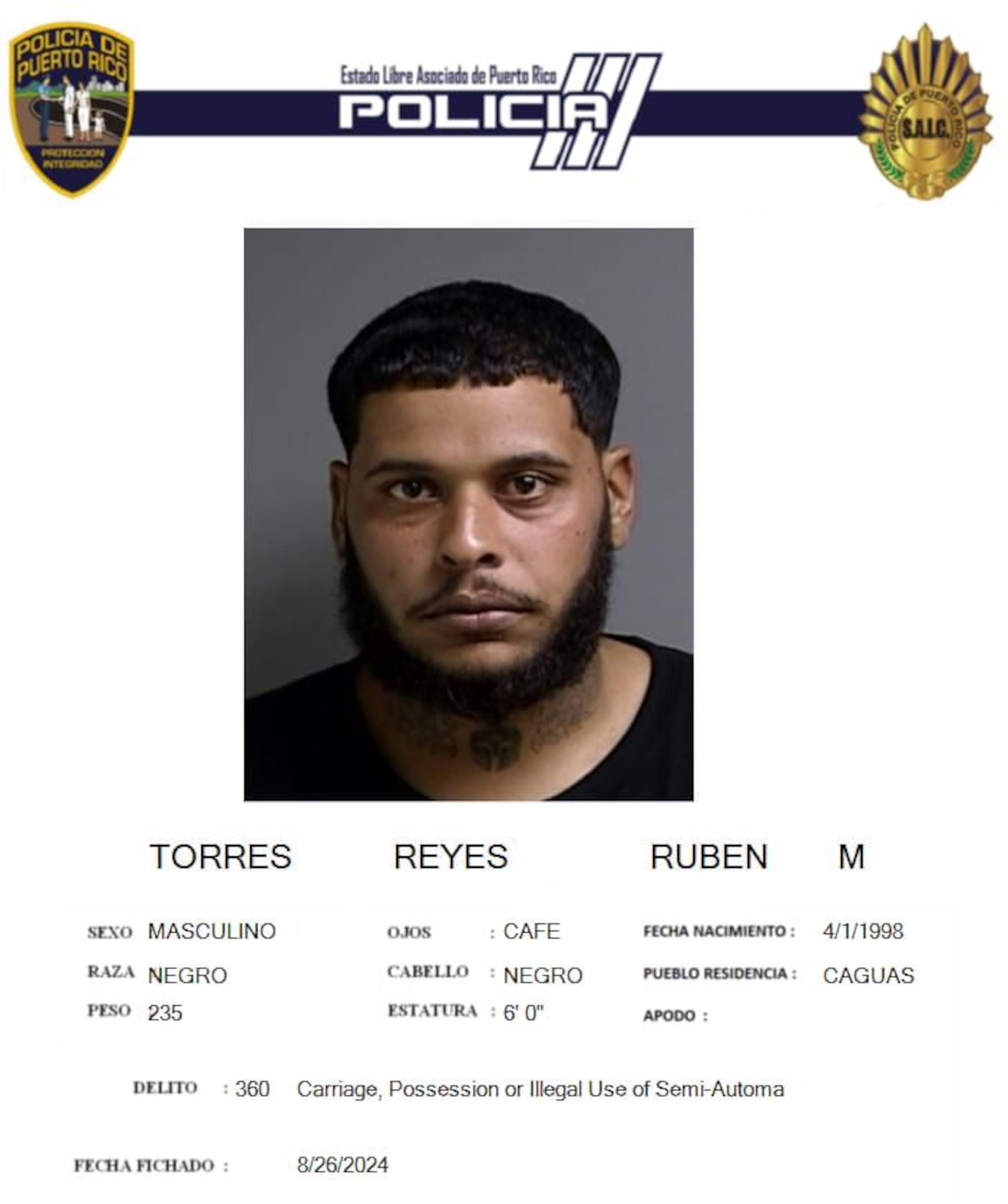 Rubén M. Torres Reyes, es buscado como presunto sospechoso del asesinato de un encapuchado en la calle Bolívar, en Santurce.