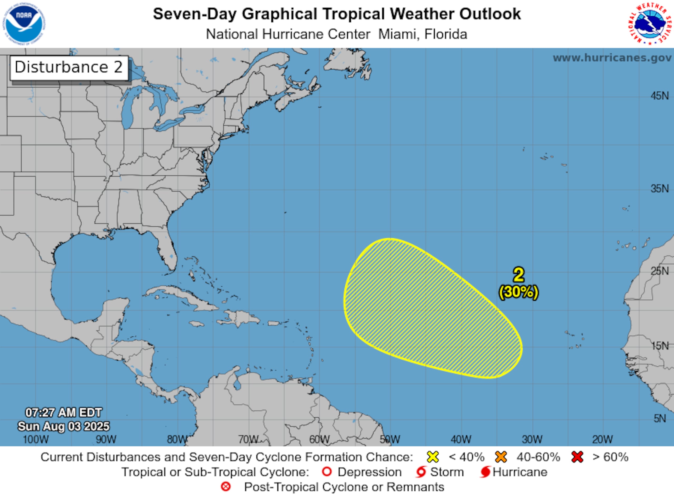 La zona sombreada de color amarillo es donde se espera que ocurra el desarrollo ciclónico. (NOAA)