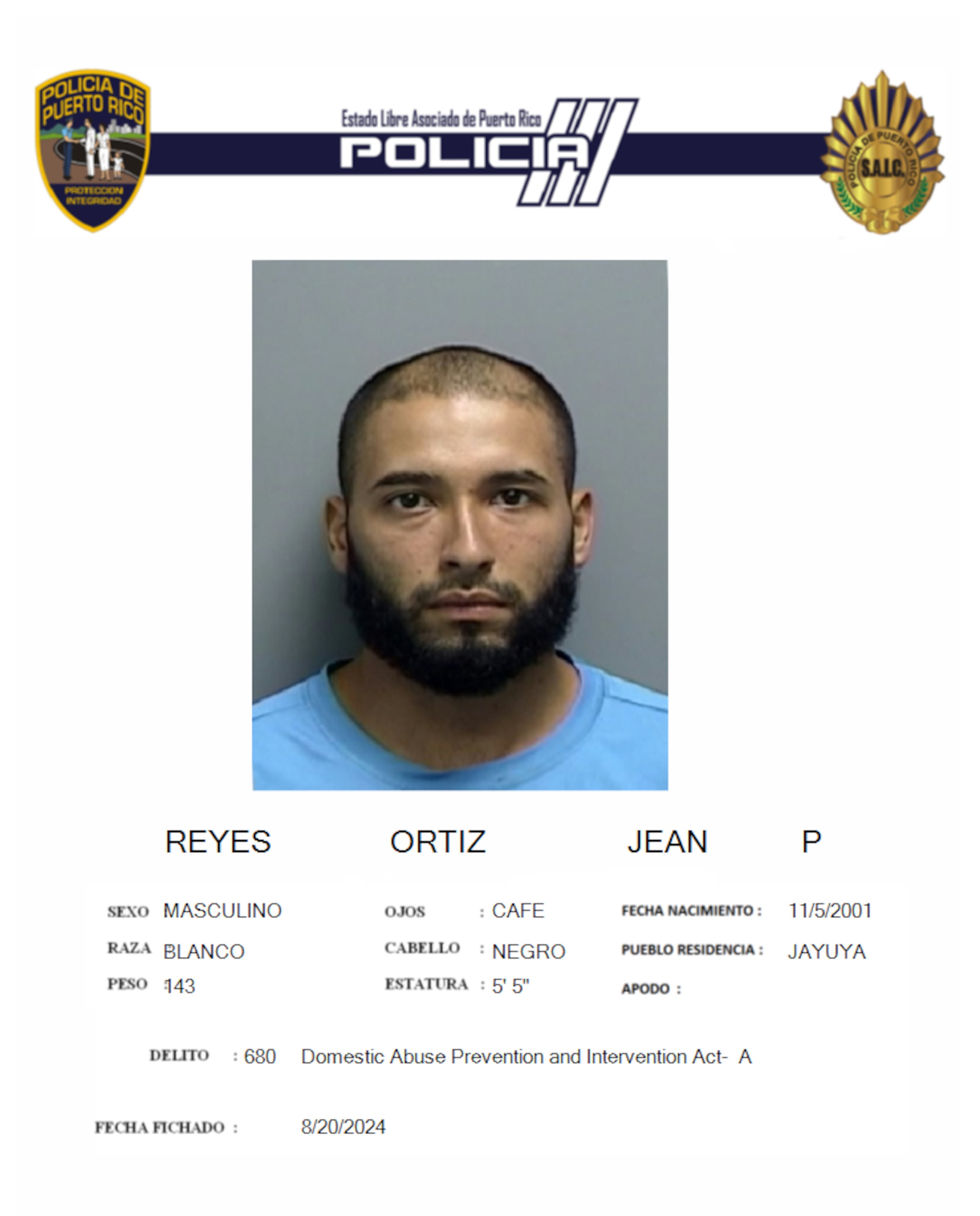 Jean P. Reyes Ortiz enfrenta cargos por violencia doméstica y maltrato de menores.