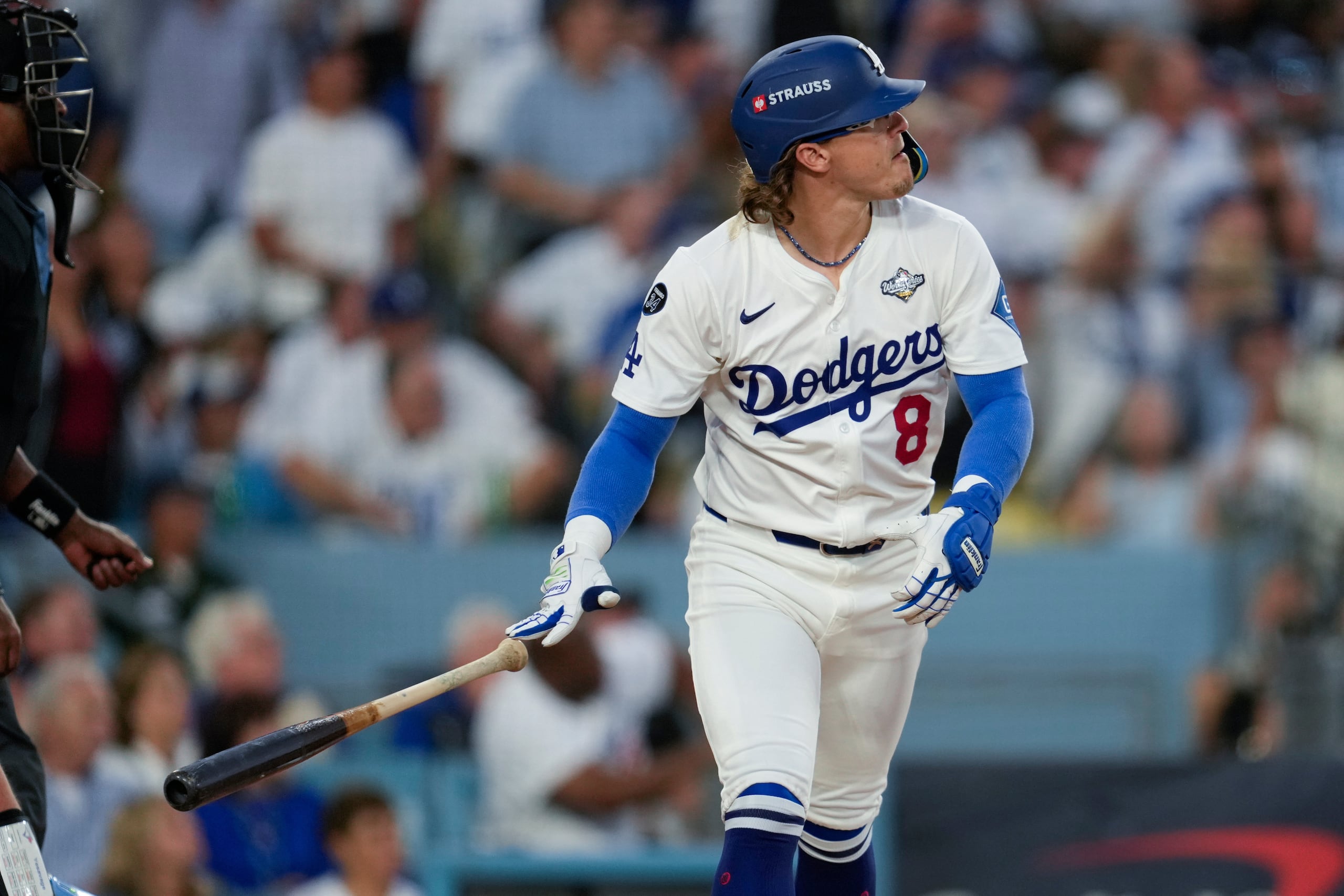 Kike Hernández tras conectar un cuadrangular en la pasada serie Mundial entre los Dodgers y los Blue Jays.
