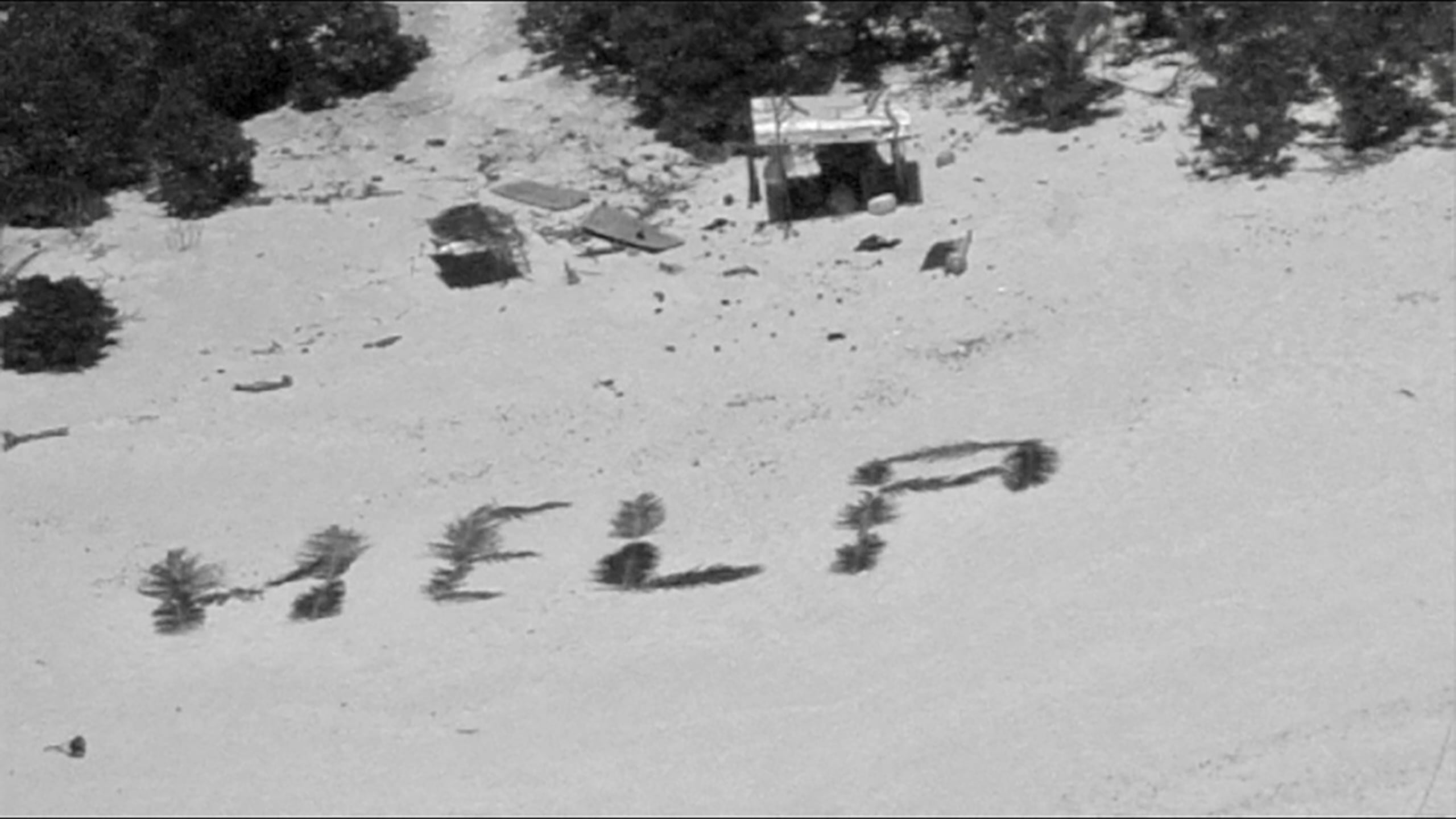 Los náufragos usaron hojas de palmera para formar la palabra “help” (ayuda) en la playa, lo que condujo a su rescate.
