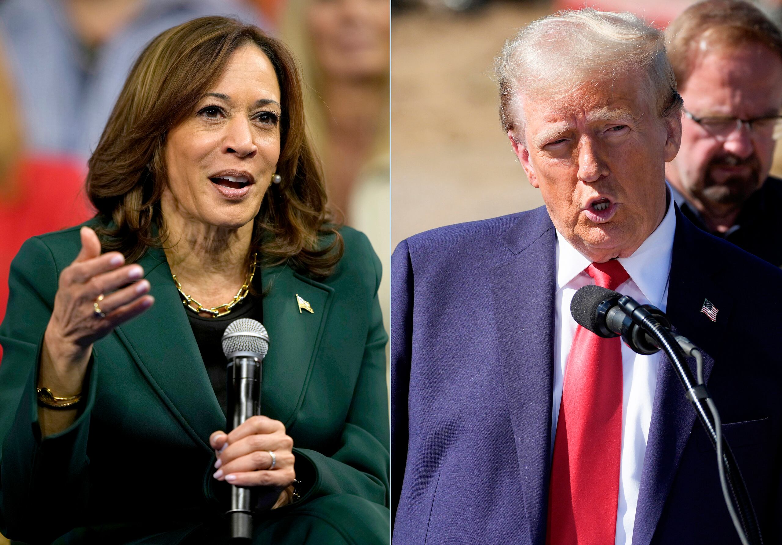 Esta combinación de fotos tomadas el lunes 21 de octubre de 2024 muestra a la candidata presidencial demócrata, la vicepresidenta Kamala Harris, durante un evento en Malvern, Pensilvania (izquierda), y al candidato presidencial republicano, el expresidente Donald Trump, en un acto de campaña en Swannanoa, Carolina del Norte (Foto de AP).